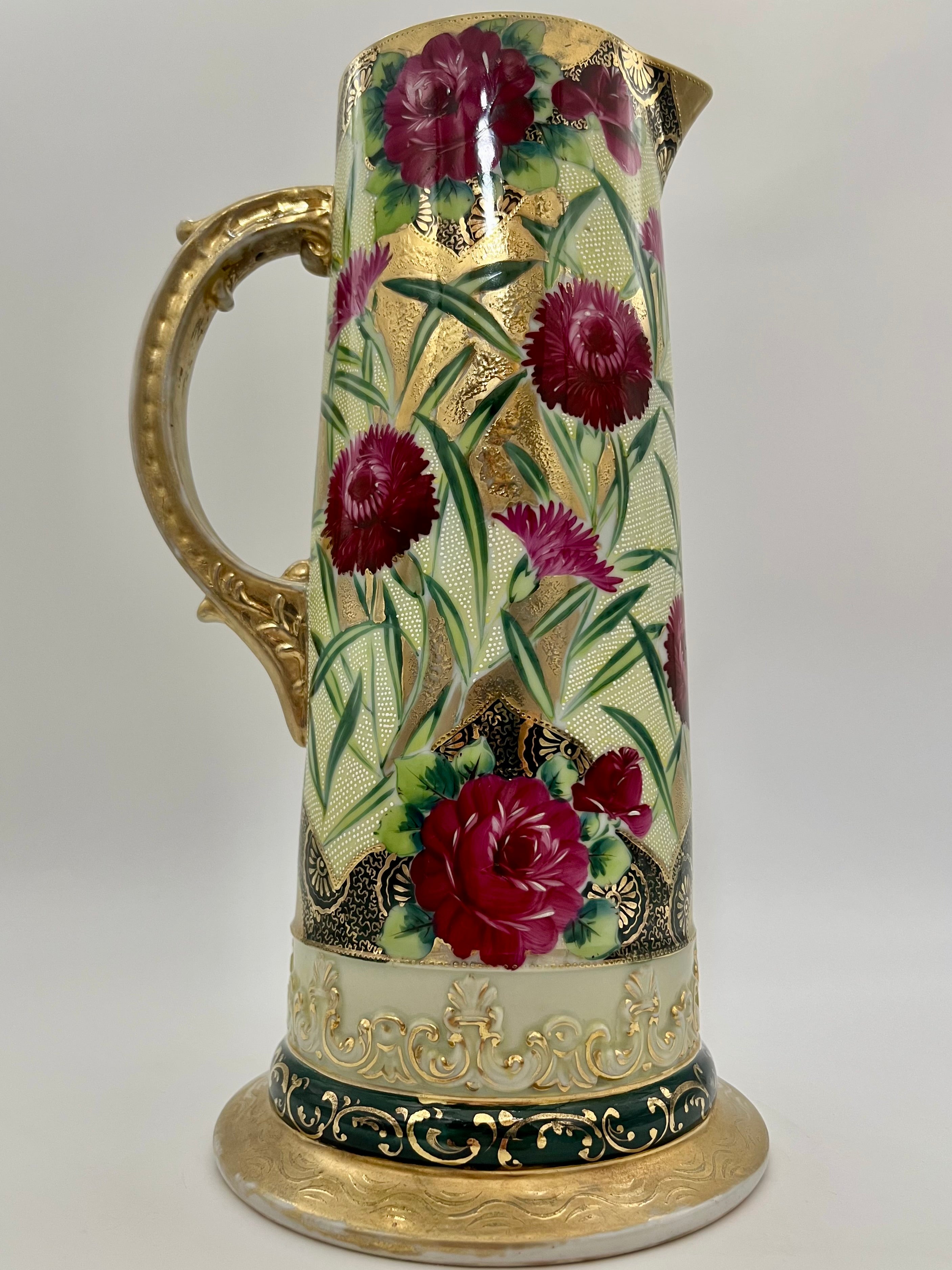 ANTIQUE NIPPON HAND-PAINTED GOLD FLORAL PITCHER Exquisite Raised Moriage Enamel | Circa 1895–1910 | Japan