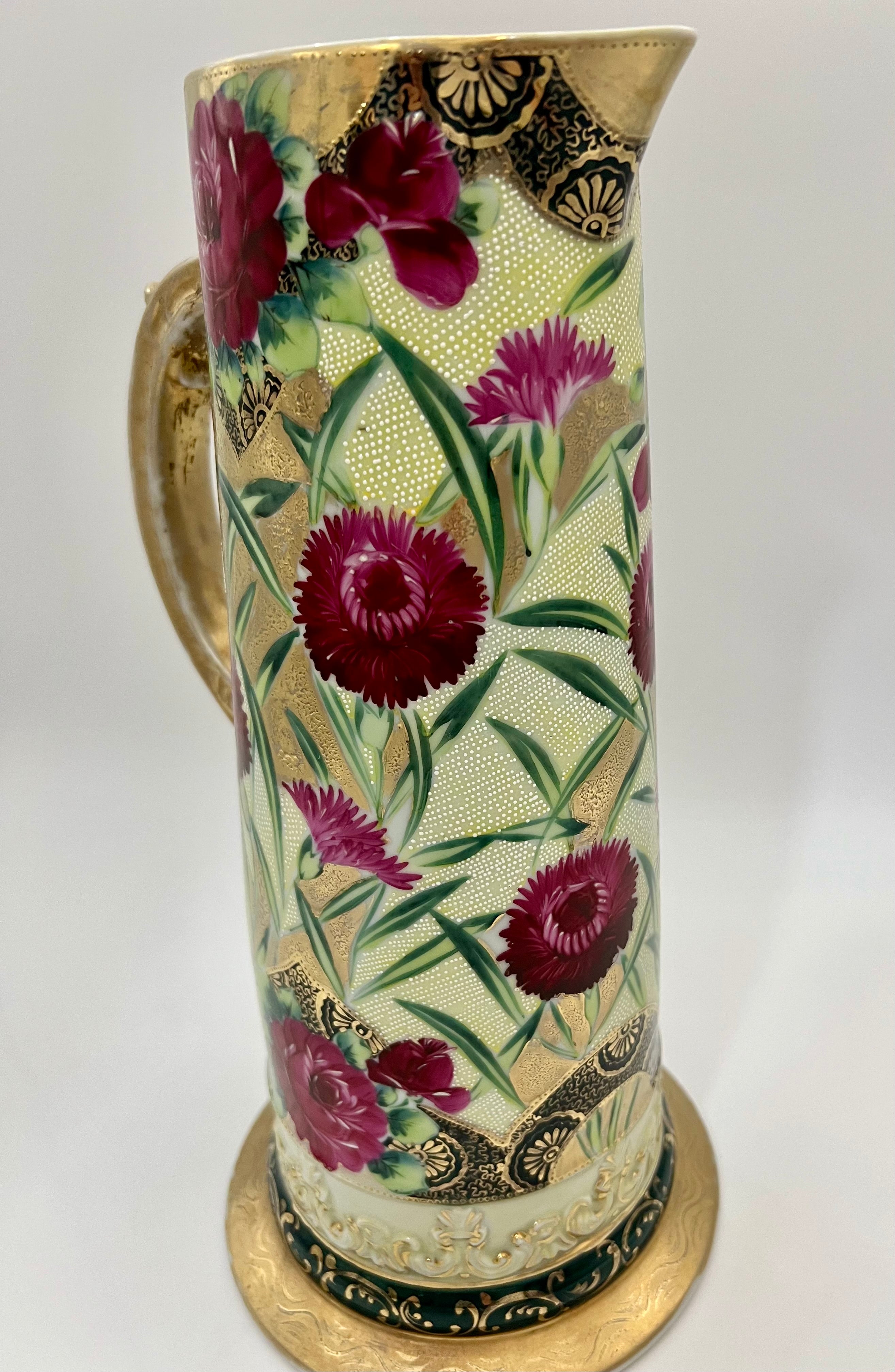 ANTIQUE NIPPON HAND-PAINTED GOLD FLORAL PITCHER Exquisite Raised Moriage Enamel | Circa 1895–1910 | Japan