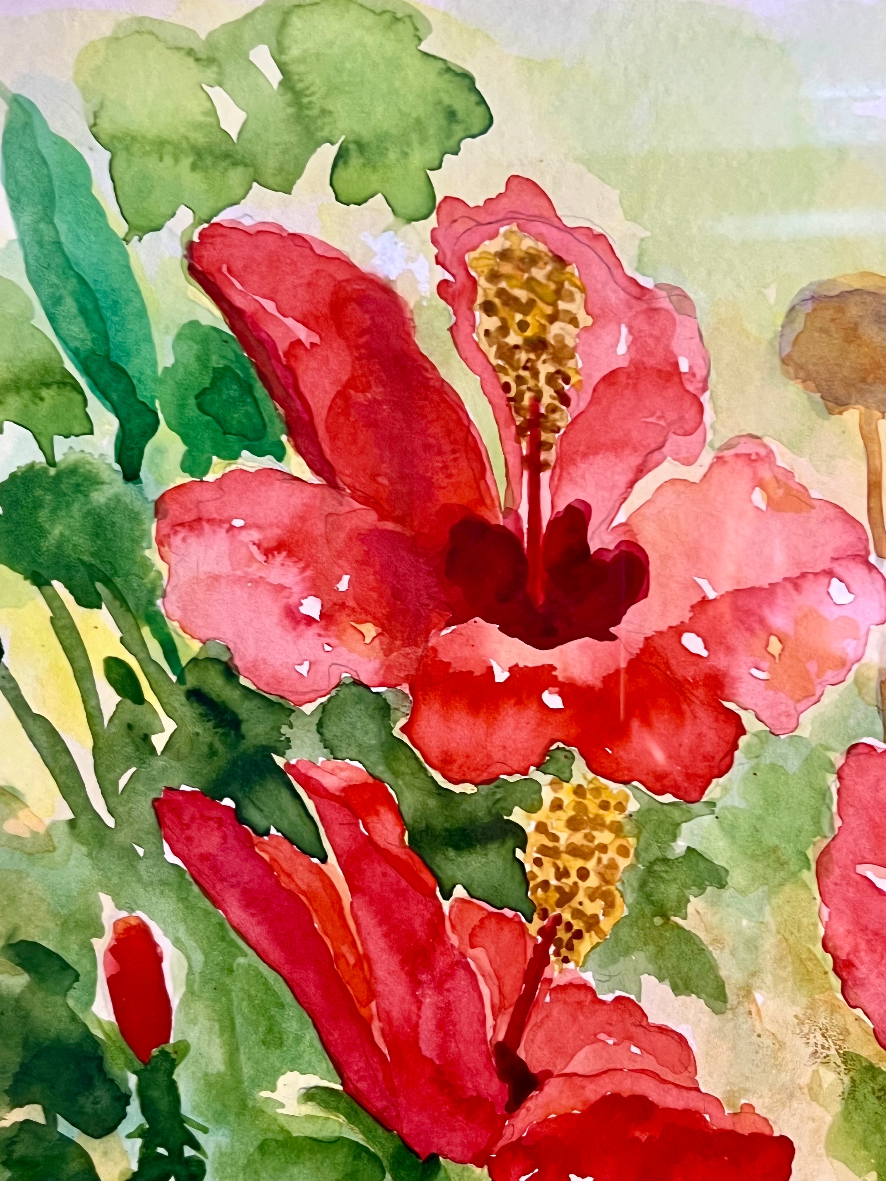 ORIGINAL SIGNED WATERCOLOR HIBISCUS FLORAL PAINTING BY K. K. FLANDERS, 1987 – FRAMED