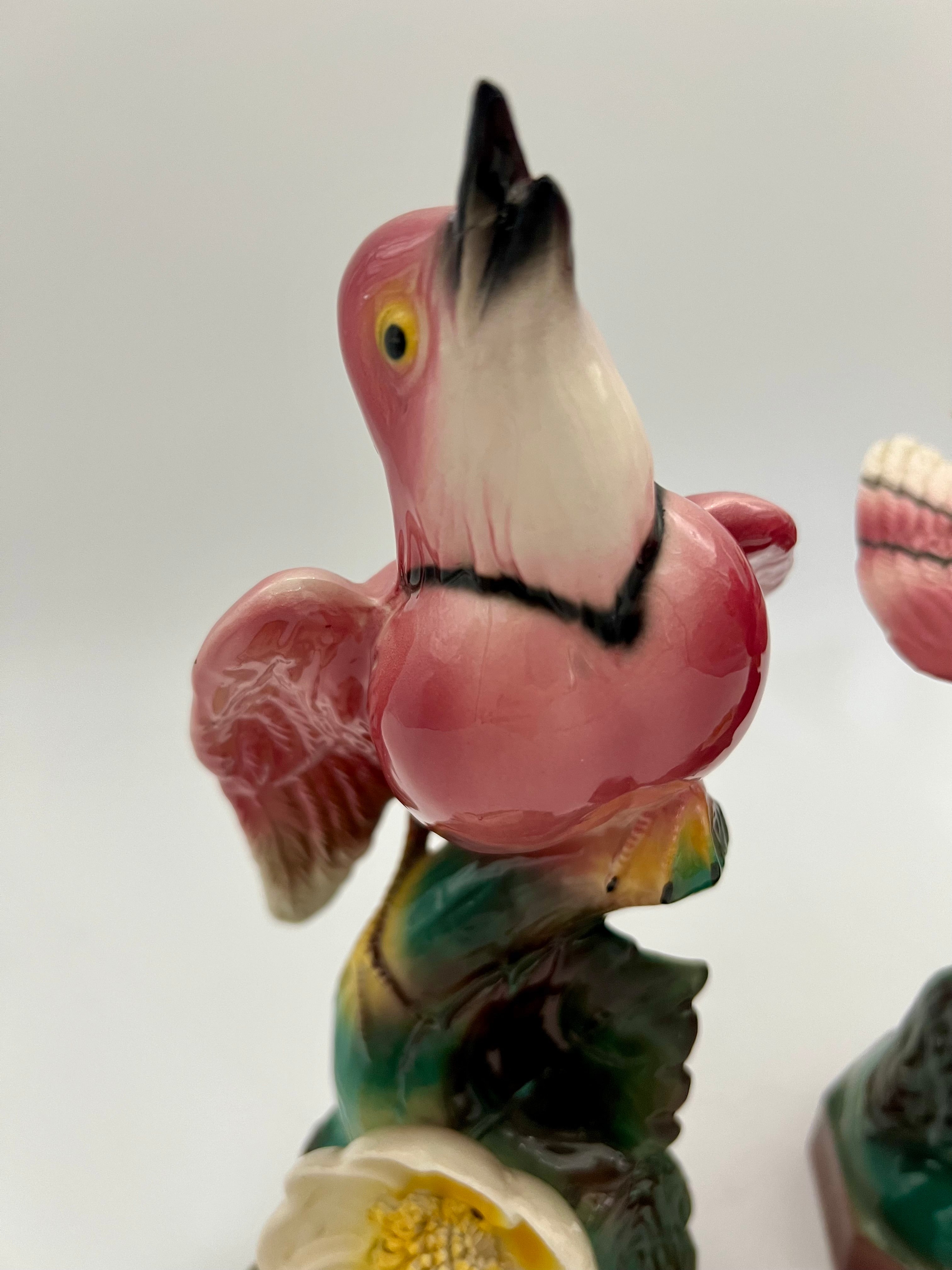 EARLY 20TH CENTURY MAJOLICA-STYLE PINK BIRD FIGURINES PAIR | VICTORIAN REVIVAL DECORATIVE CERAMICS | CIRCA 1910–1940