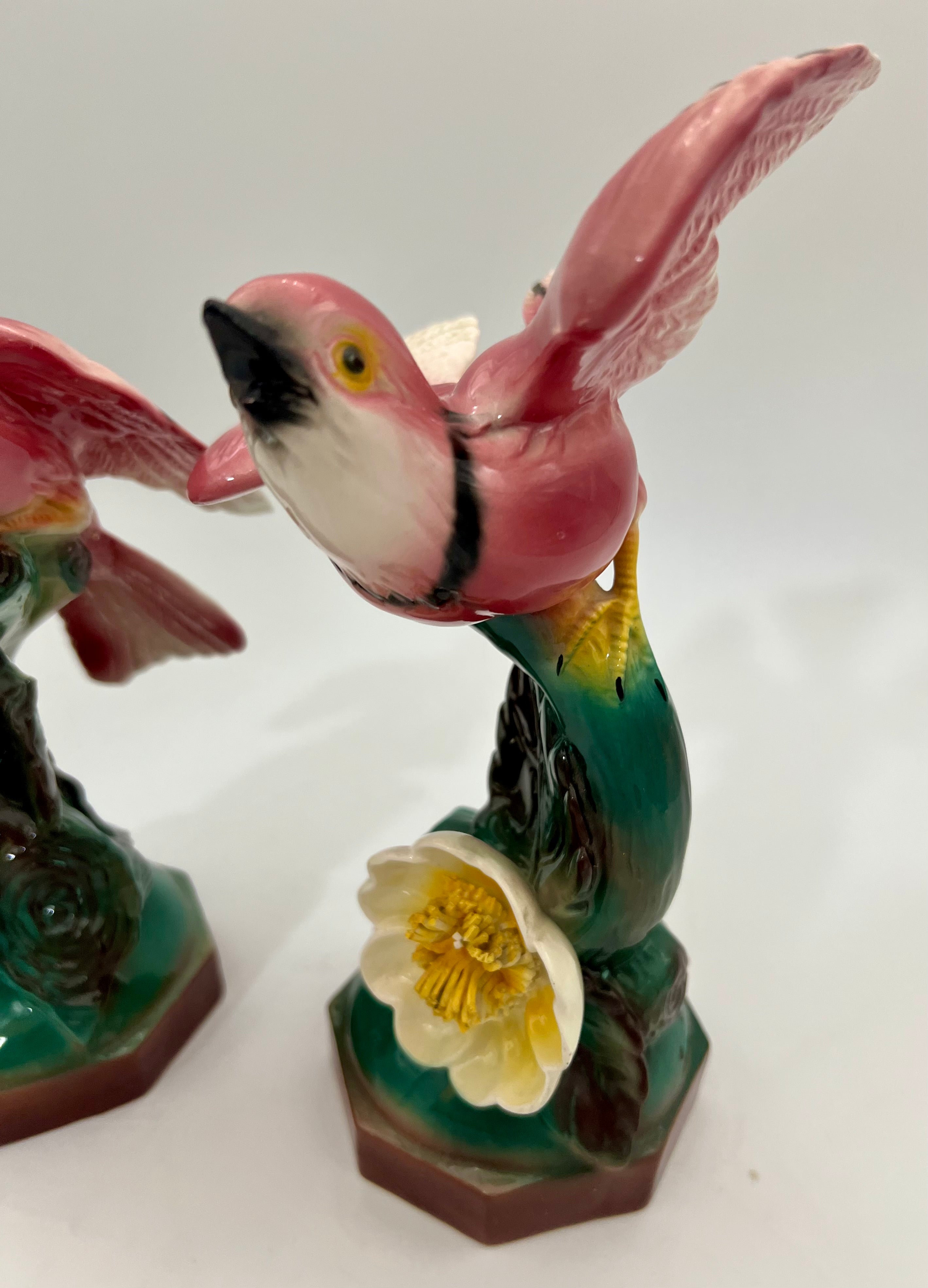 EARLY 20TH CENTURY MAJOLICA-STYLE PINK BIRD FIGURINES PAIR | VICTORIAN REVIVAL DECORATIVE CERAMICS | CIRCA 1910–1940