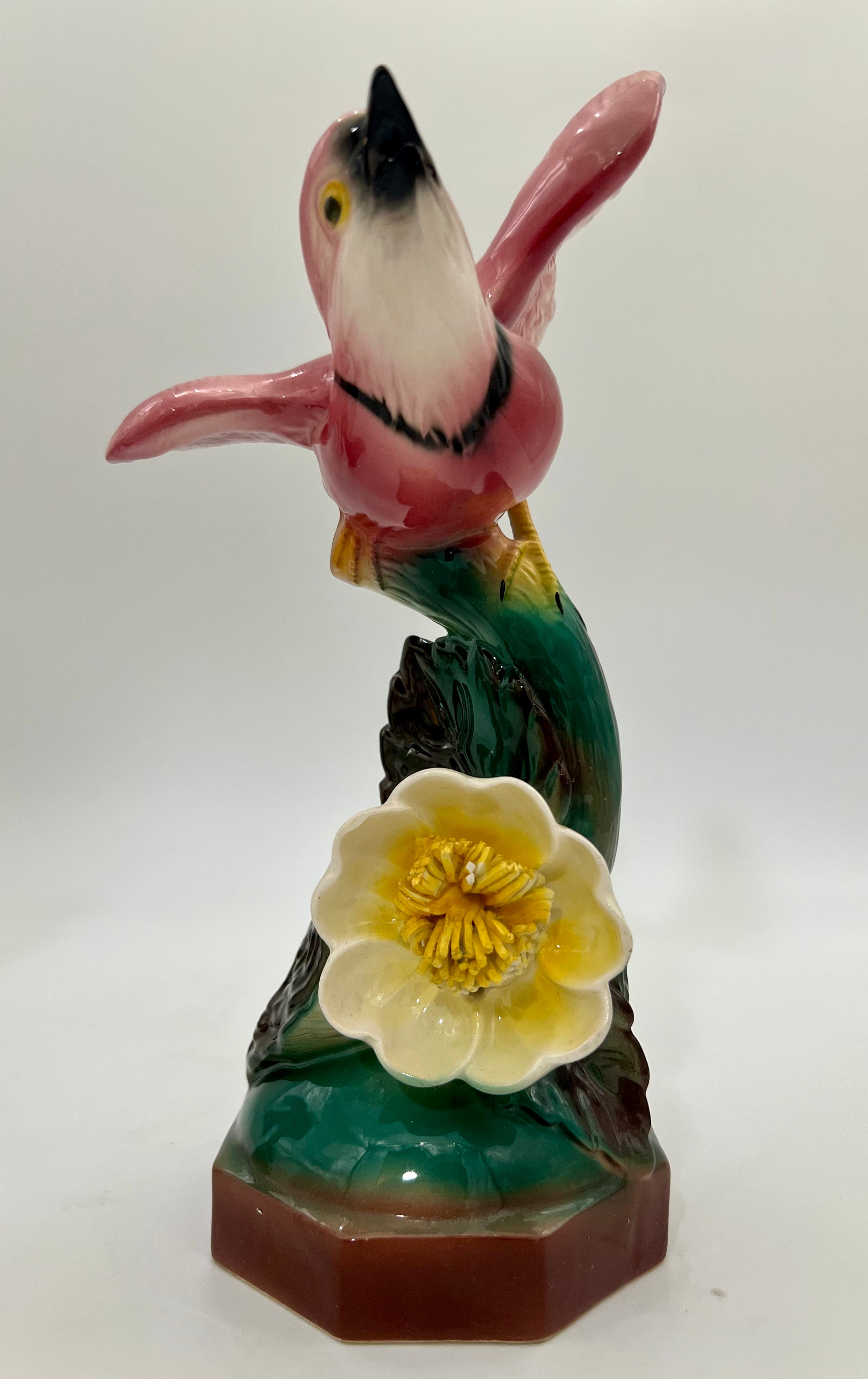 EARLY 20TH CENTURY MAJOLICA-STYLE PINK BIRD FIGURINES PAIR | VICTORIAN REVIVAL DECORATIVE CERAMICS | CIRCA 1910–1940