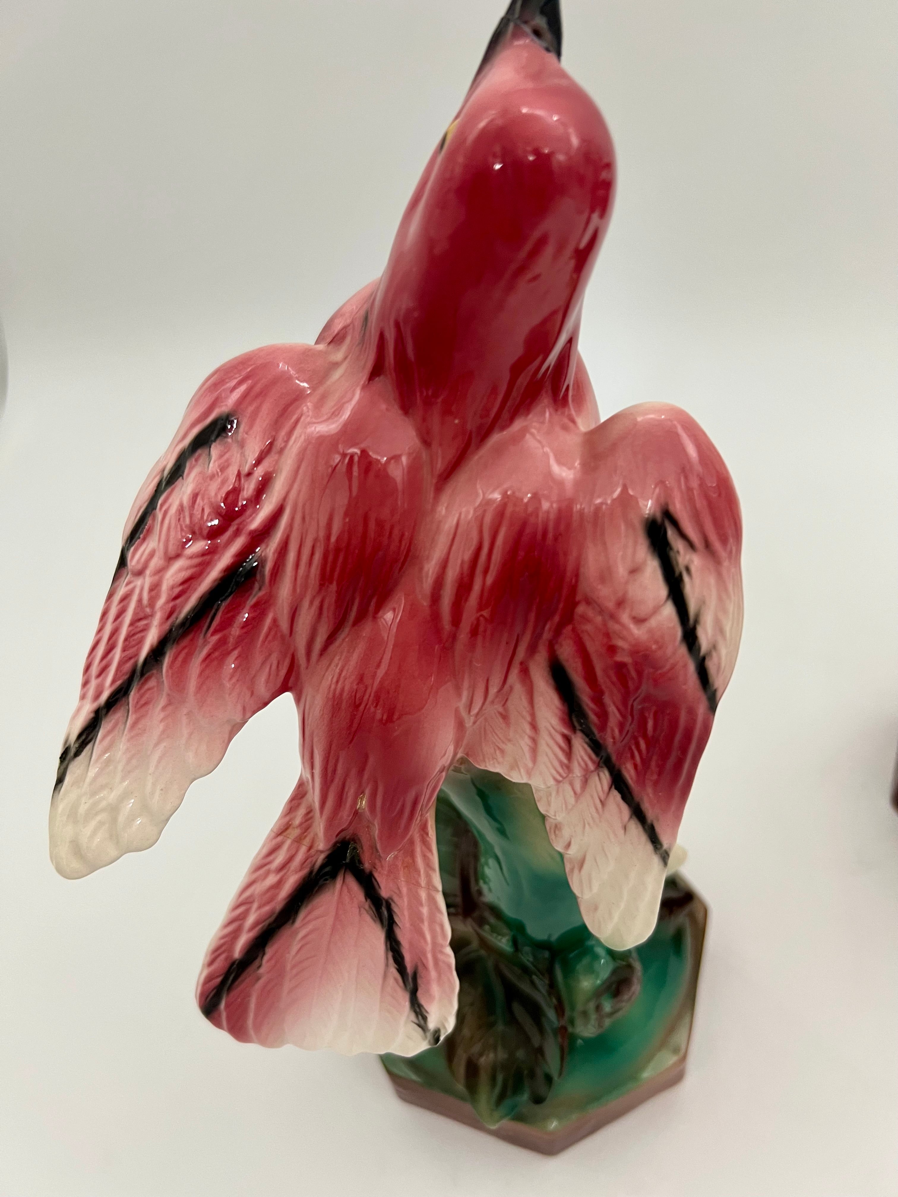 EARLY 20TH CENTURY MAJOLICA-STYLE PINK BIRD FIGURINES PAIR | VICTORIAN REVIVAL DECORATIVE CERAMICS | CIRCA 1910–1940