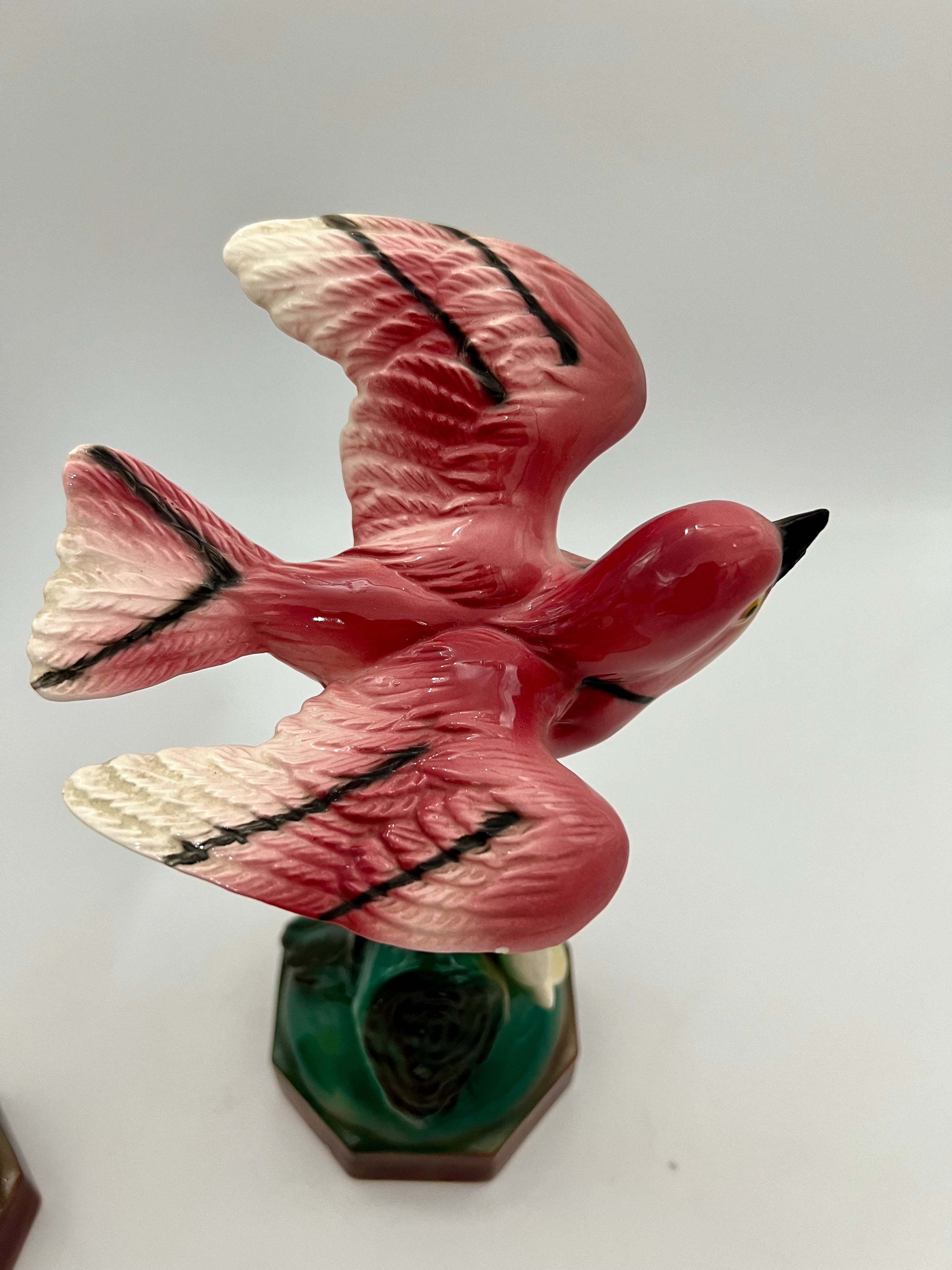 EARLY 20TH CENTURY MAJOLICA-STYLE PINK BIRD FIGURINES PAIR | VICTORIAN REVIVAL DECORATIVE CERAMICS | CIRCA 1910–1940