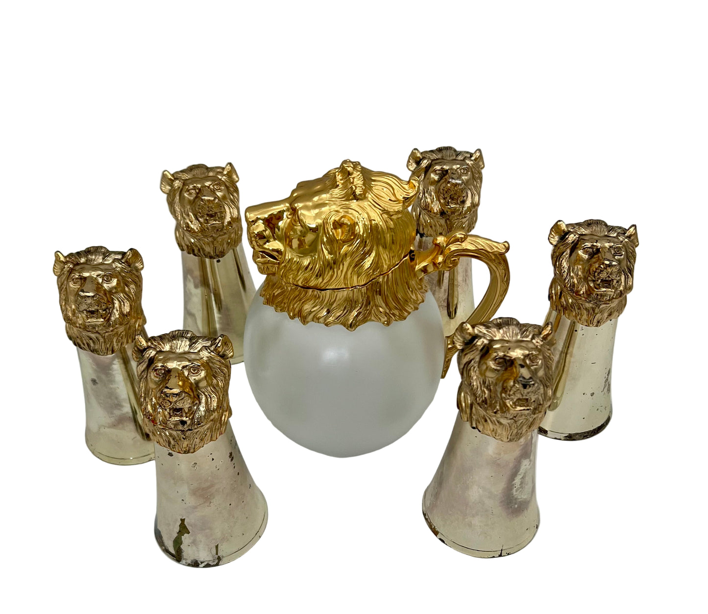 CAROLE STUPELL MID-CENTURY LION HEAD PITCHER AND STIRRUP CUPS, RARE SET OF 7