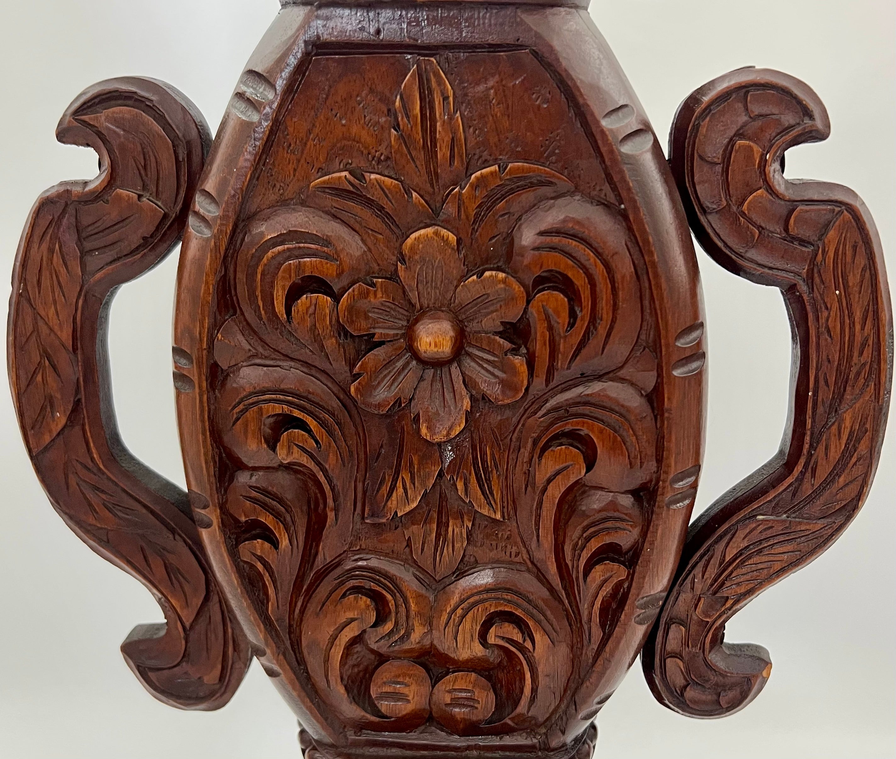 ANTIQUE KASHMIRI HAND CARVED WALNUT URN VASE WITH DOUBLE HANDLES, 19.5” LARGE ANGLO-INDIAN EXPORT, RARE PEDESTAL FORM