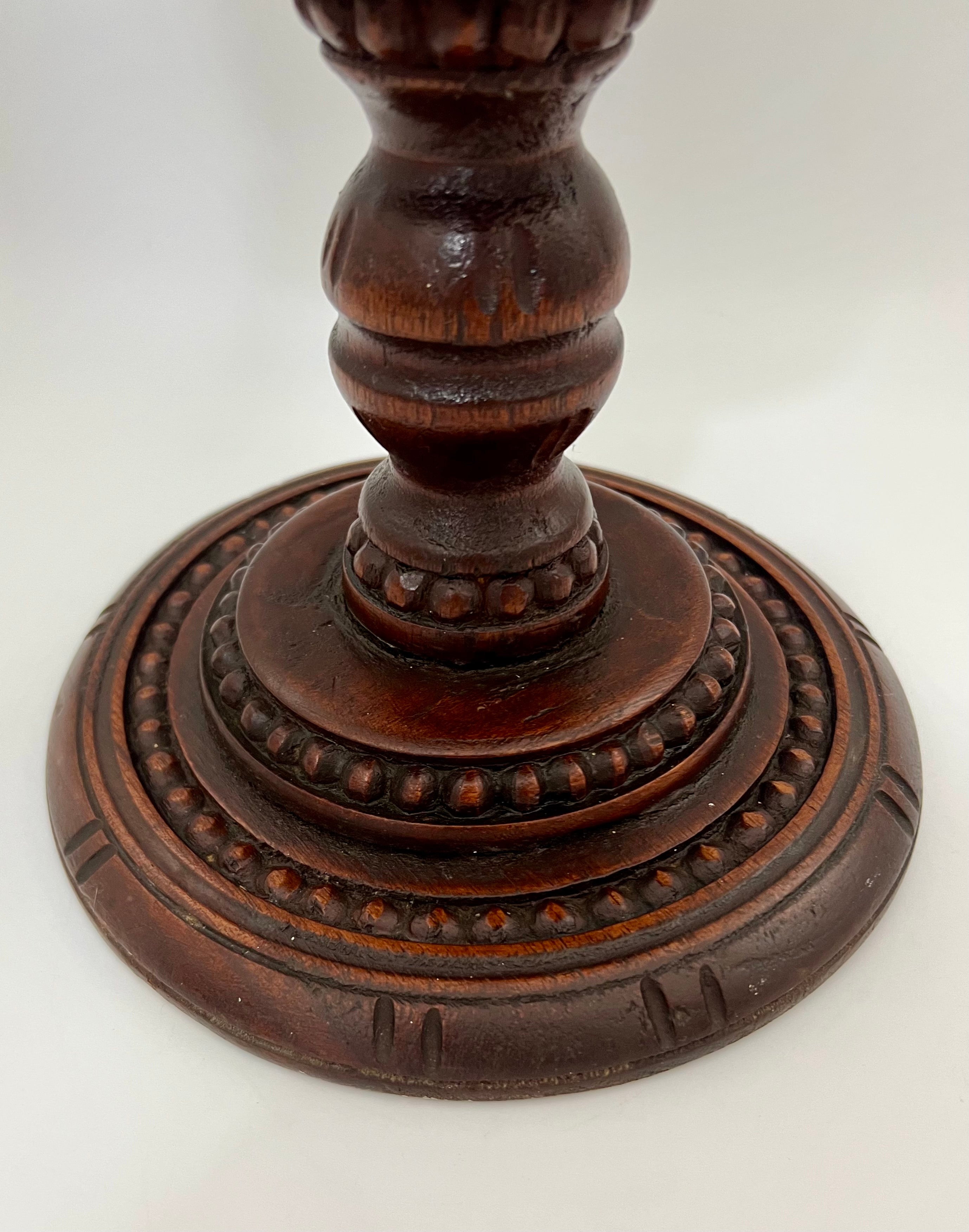 ANTIQUE KASHMIRI HAND CARVED WALNUT URN VASE WITH DOUBLE HANDLES, 19.5” LARGE ANGLO-INDIAN EXPORT, RARE PEDESTAL FORM