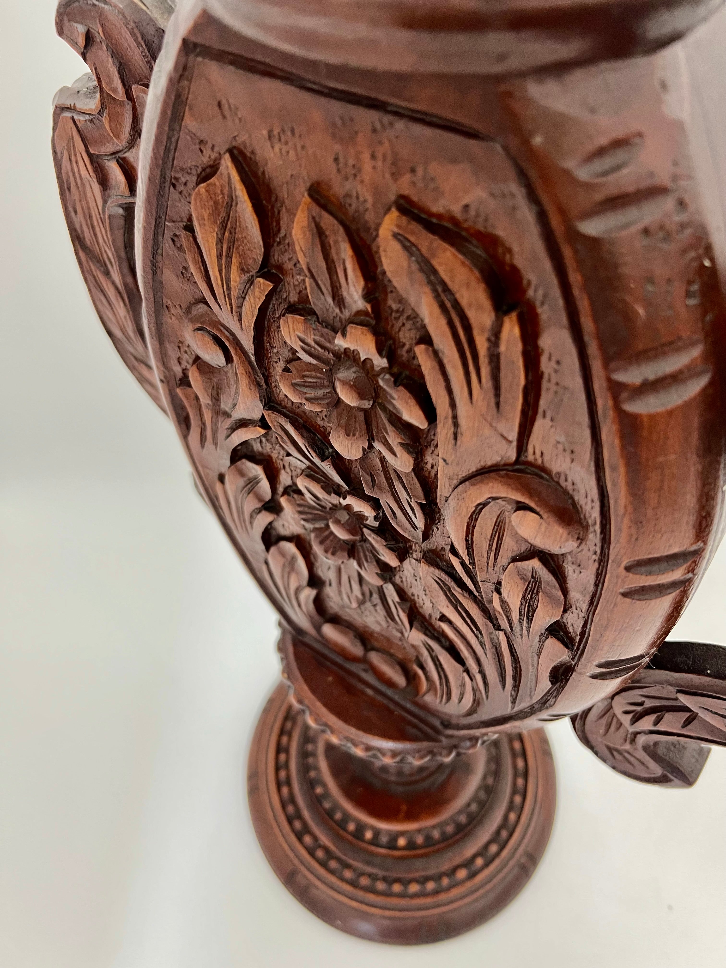 ANTIQUE KASHMIRI HAND CARVED WALNUT URN VASE WITH DOUBLE HANDLES, 19.5” LARGE ANGLO-INDIAN EXPORT, RARE PEDESTAL FORM