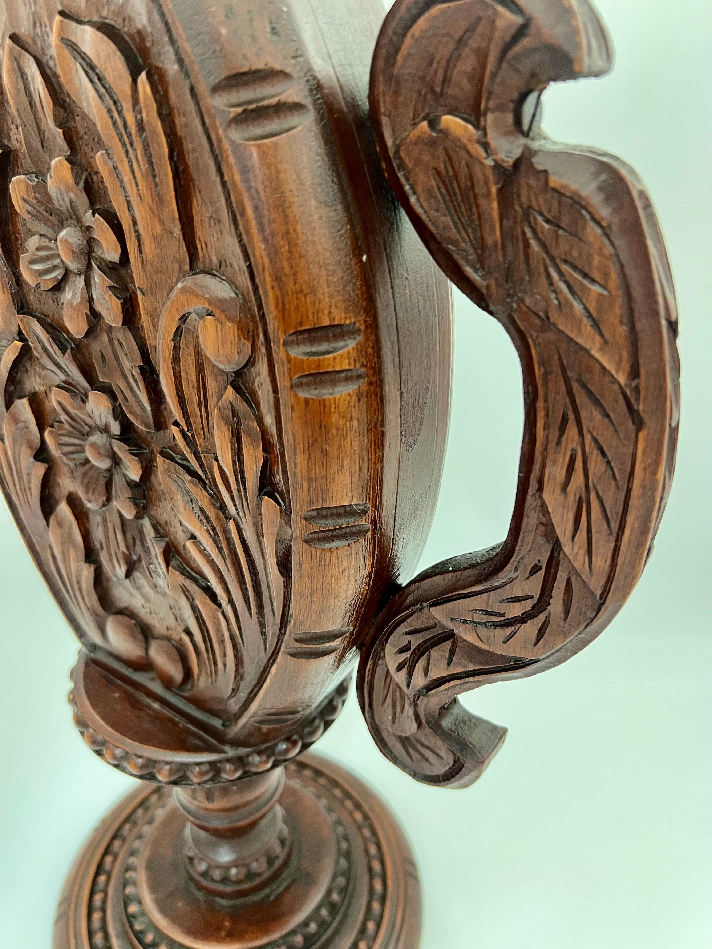 ANTIQUE KASHMIRI HAND CARVED WALNUT URN VASE WITH DOUBLE HANDLES, 19.5” LARGE ANGLO-INDIAN EXPORT, RARE PEDESTAL FORM