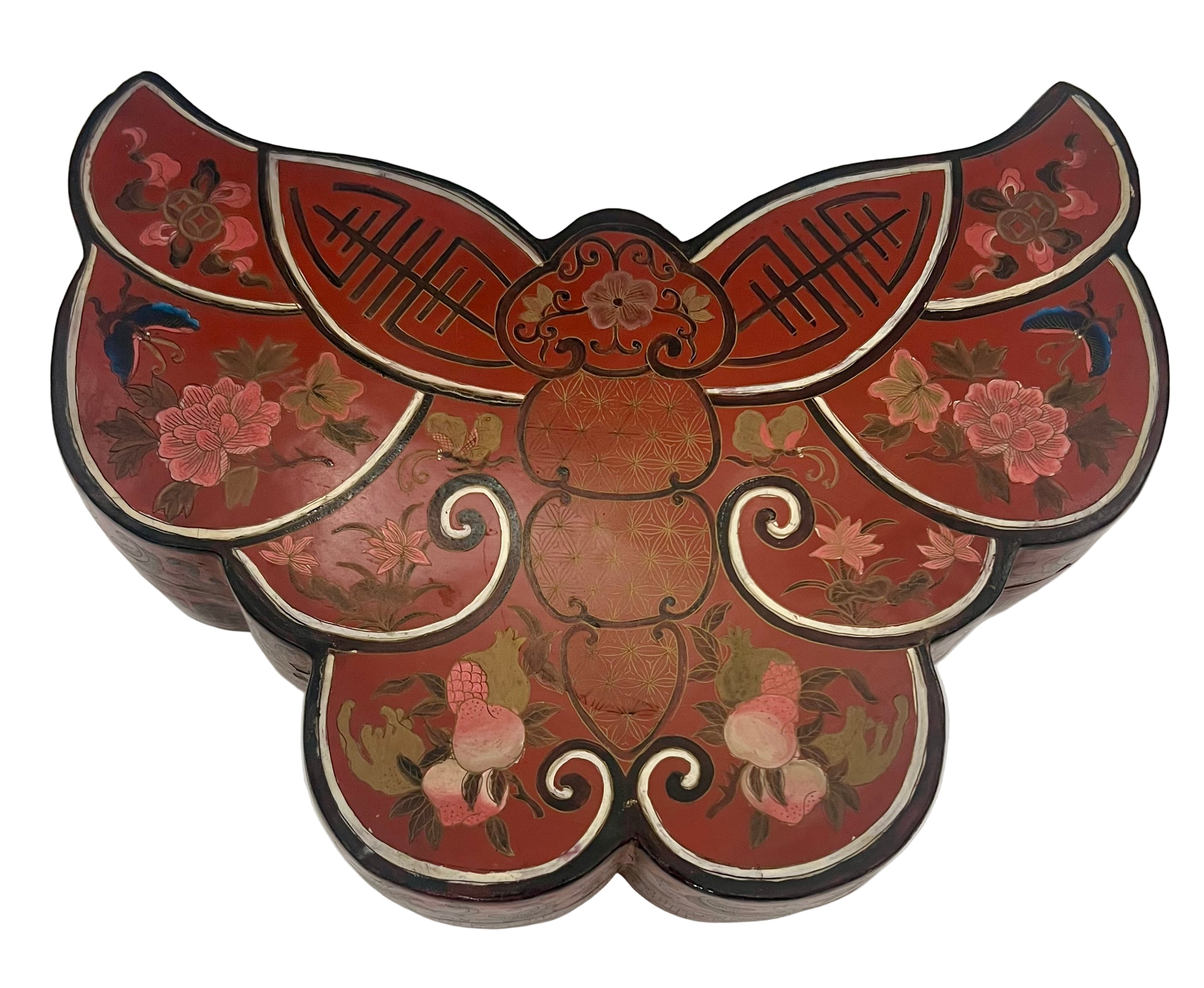 ANTIQUE CHINESE BUTTERFLY FORM RED LACQUER BOX – QING / REPUBLIC PERIOD WEDDING SYMBOLISM