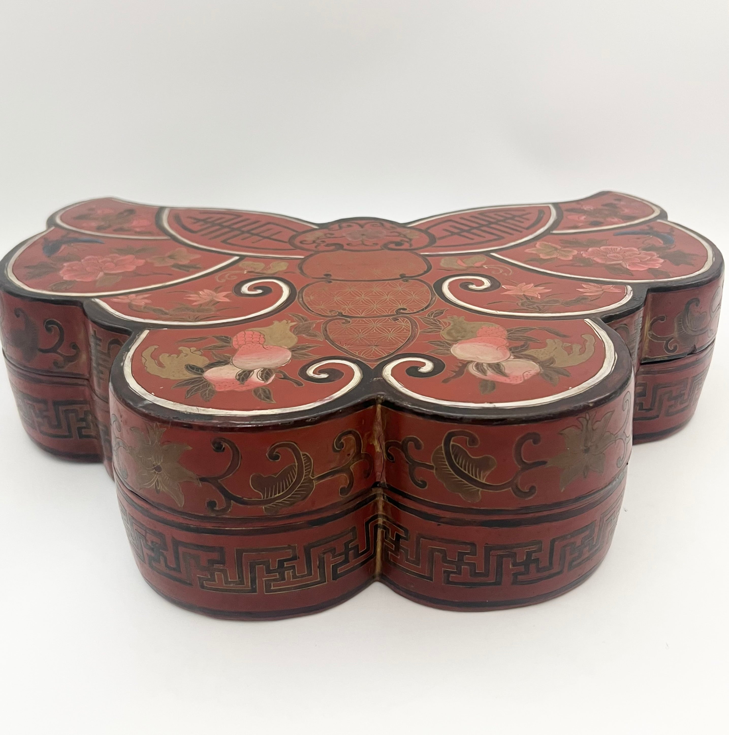 ANTIQUE CHINESE BUTTERFLY FORM RED LACQUER BOX – QING / REPUBLIC PERIOD WEDDING SYMBOLISM