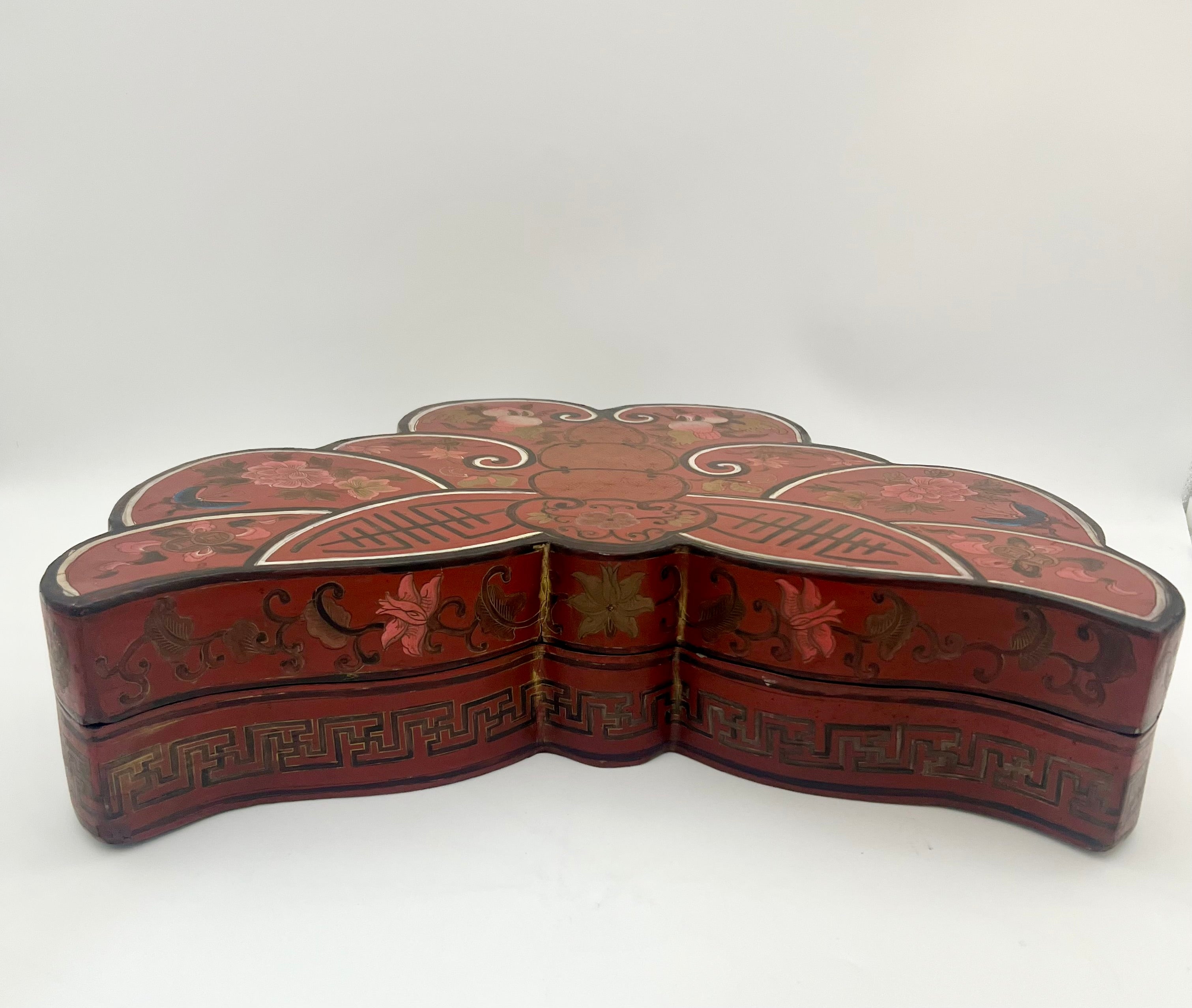 ANTIQUE CHINESE BUTTERFLY FORM RED LACQUER BOX – QING / REPUBLIC PERIOD WEDDING SYMBOLISM