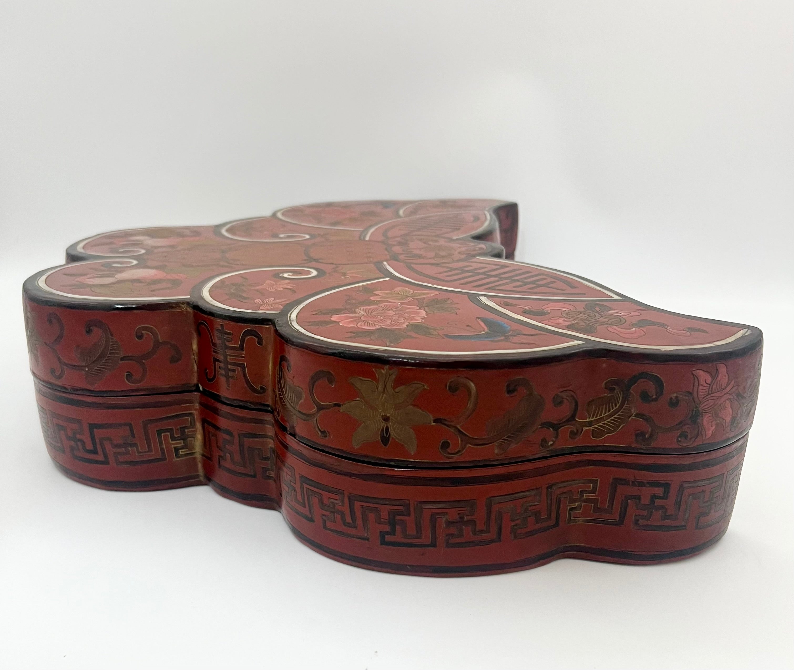 ANTIQUE CHINESE BUTTERFLY FORM RED LACQUER BOX – QING / REPUBLIC PERIOD WEDDING SYMBOLISM