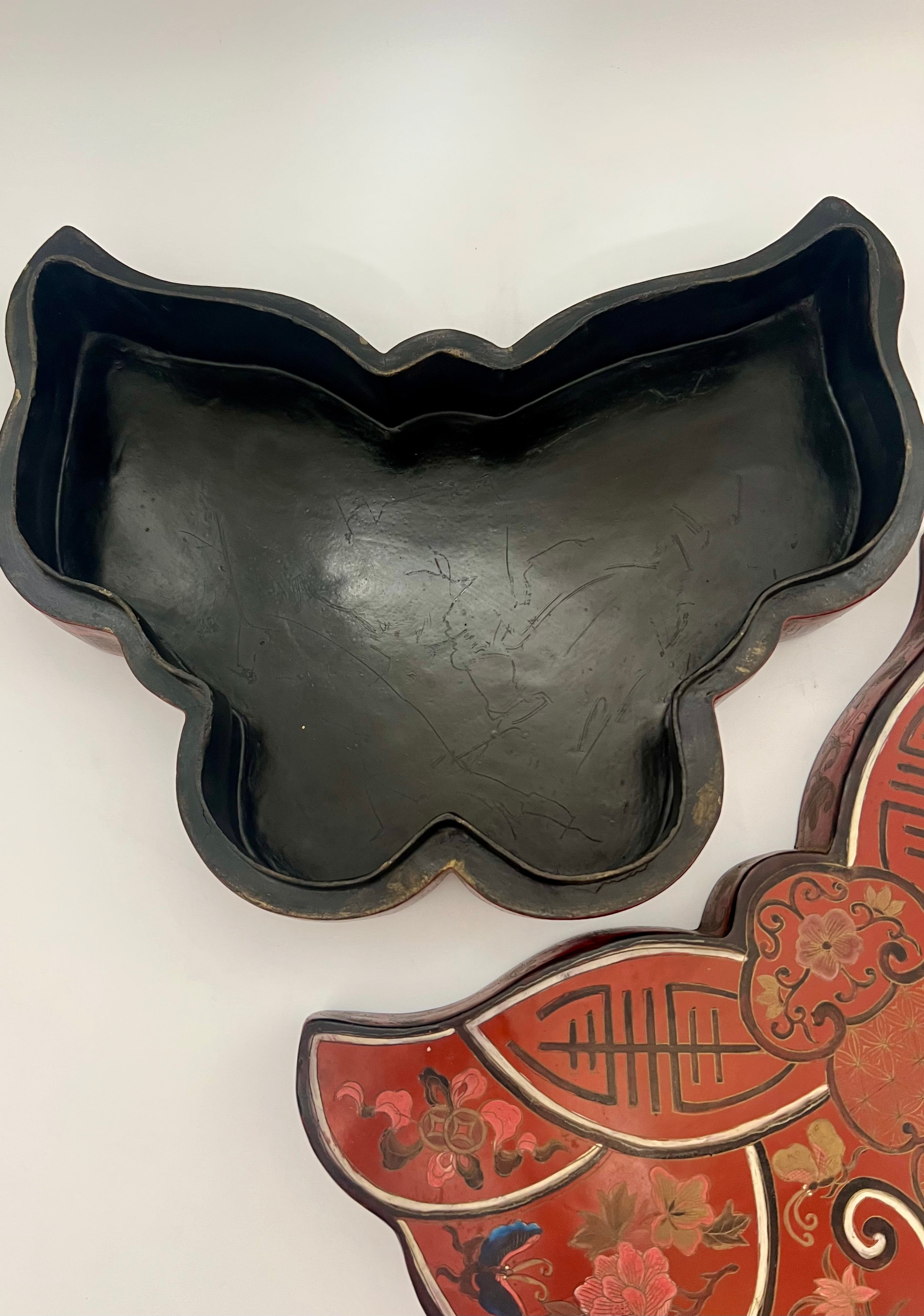 ANTIQUE CHINESE BUTTERFLY FORM RED LACQUER BOX – QING / REPUBLIC PERIOD WEDDING SYMBOLISM