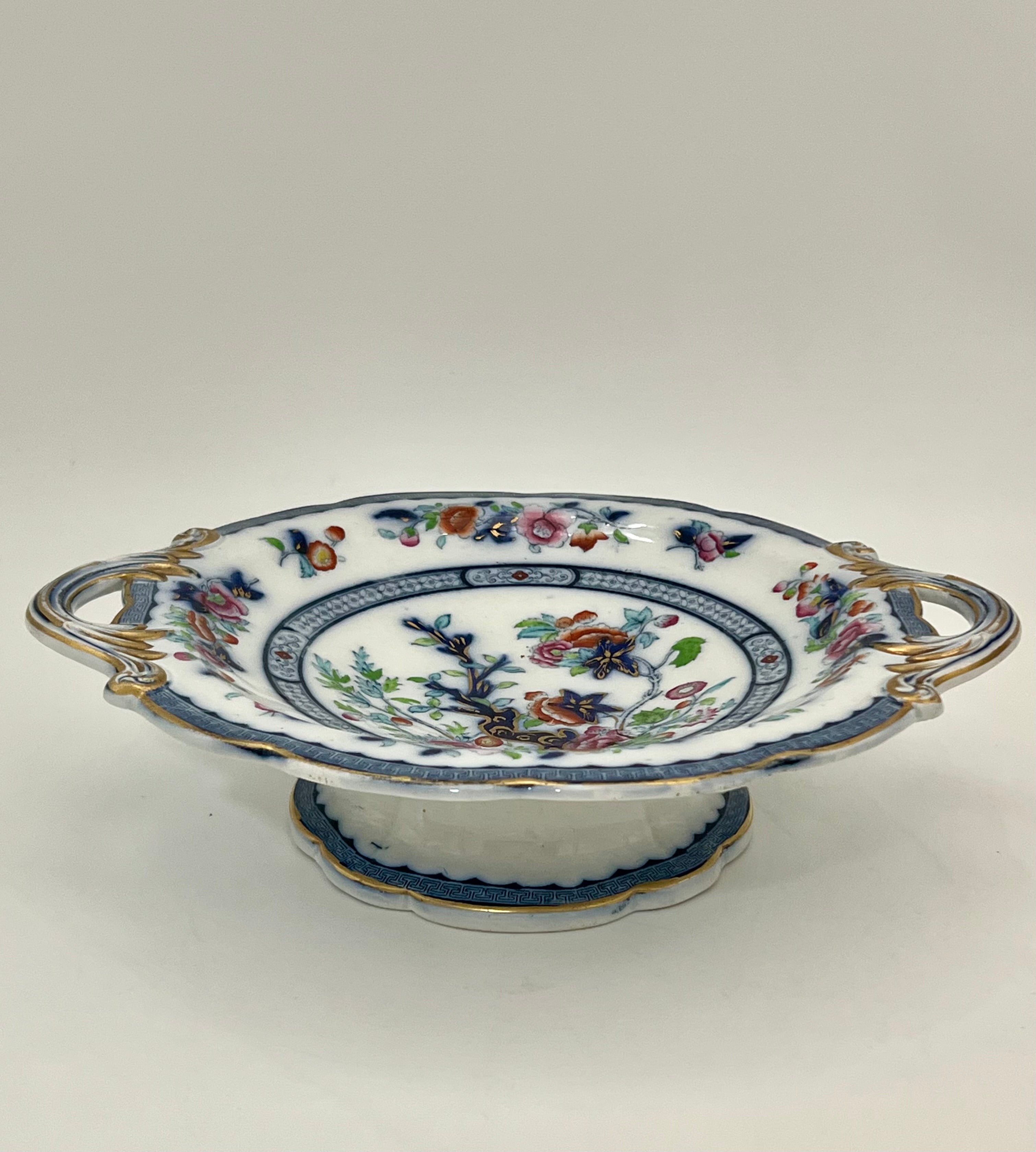 ANTIQUE HAND-PAINTED PORCELAIN COMPOTE BOWL WITH HANDLES | FLORAL CHINOISERIE PEDESTAL DISH | C. 1880–1910