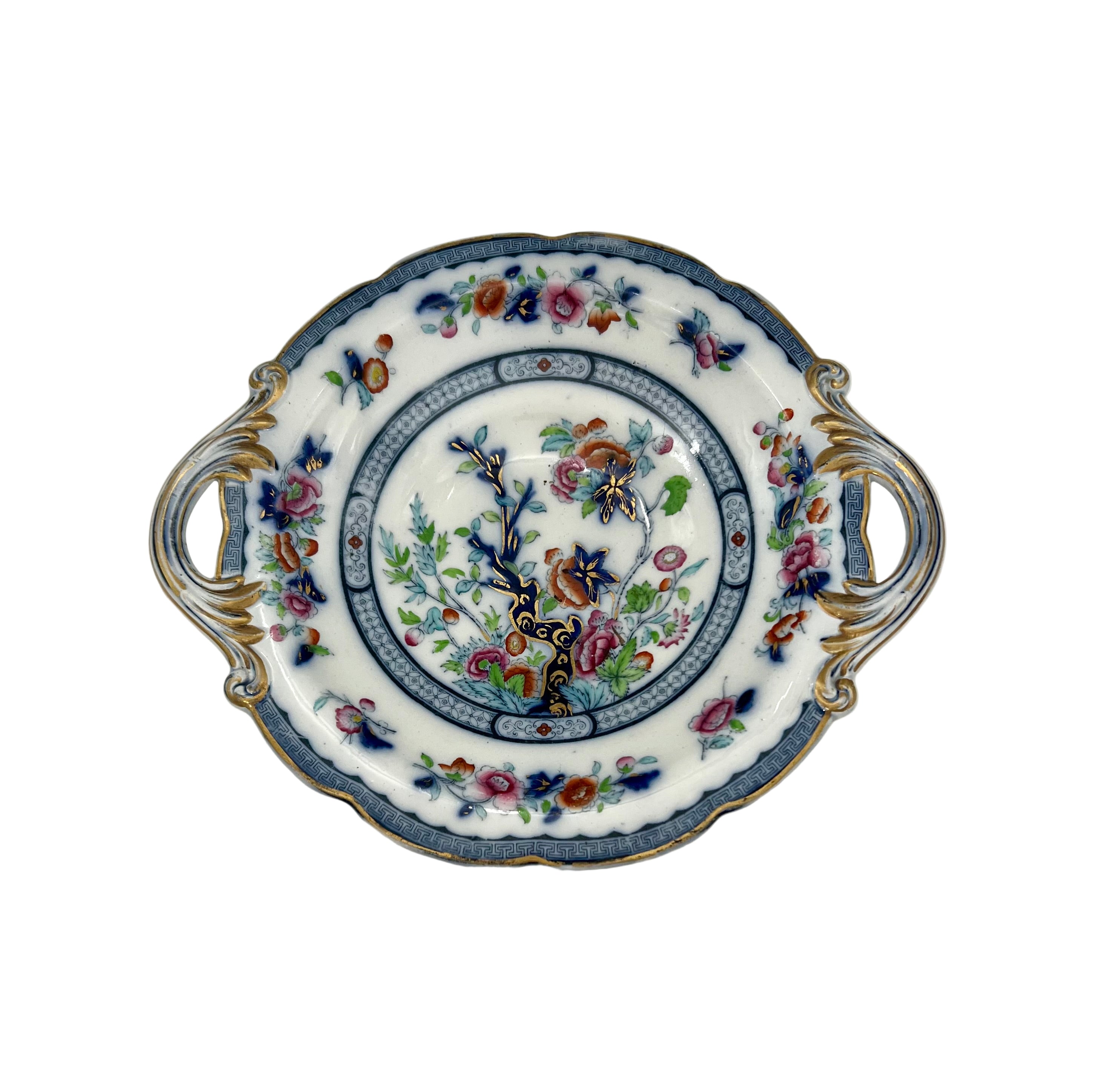 ANTIQUE HAND-PAINTED PORCELAIN COMPOTE BOWL WITH HANDLES | FLORAL CHINOISERIE PEDESTAL DISH | C. 1880–1910