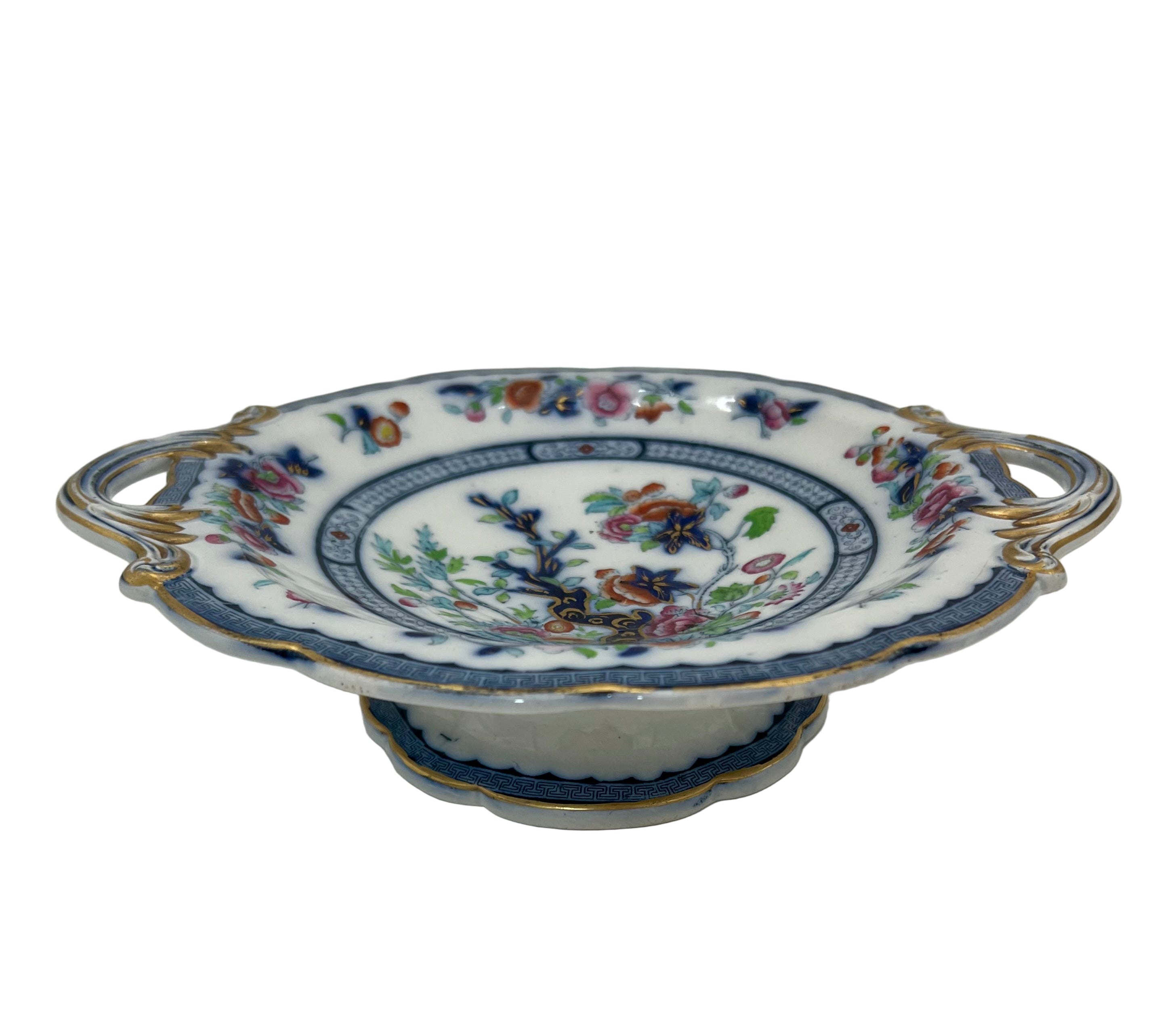 ANTIQUE HAND-PAINTED PORCELAIN COMPOTE BOWL WITH HANDLES | FLORAL CHINOISERIE PEDESTAL DISH | C. 1880–1910