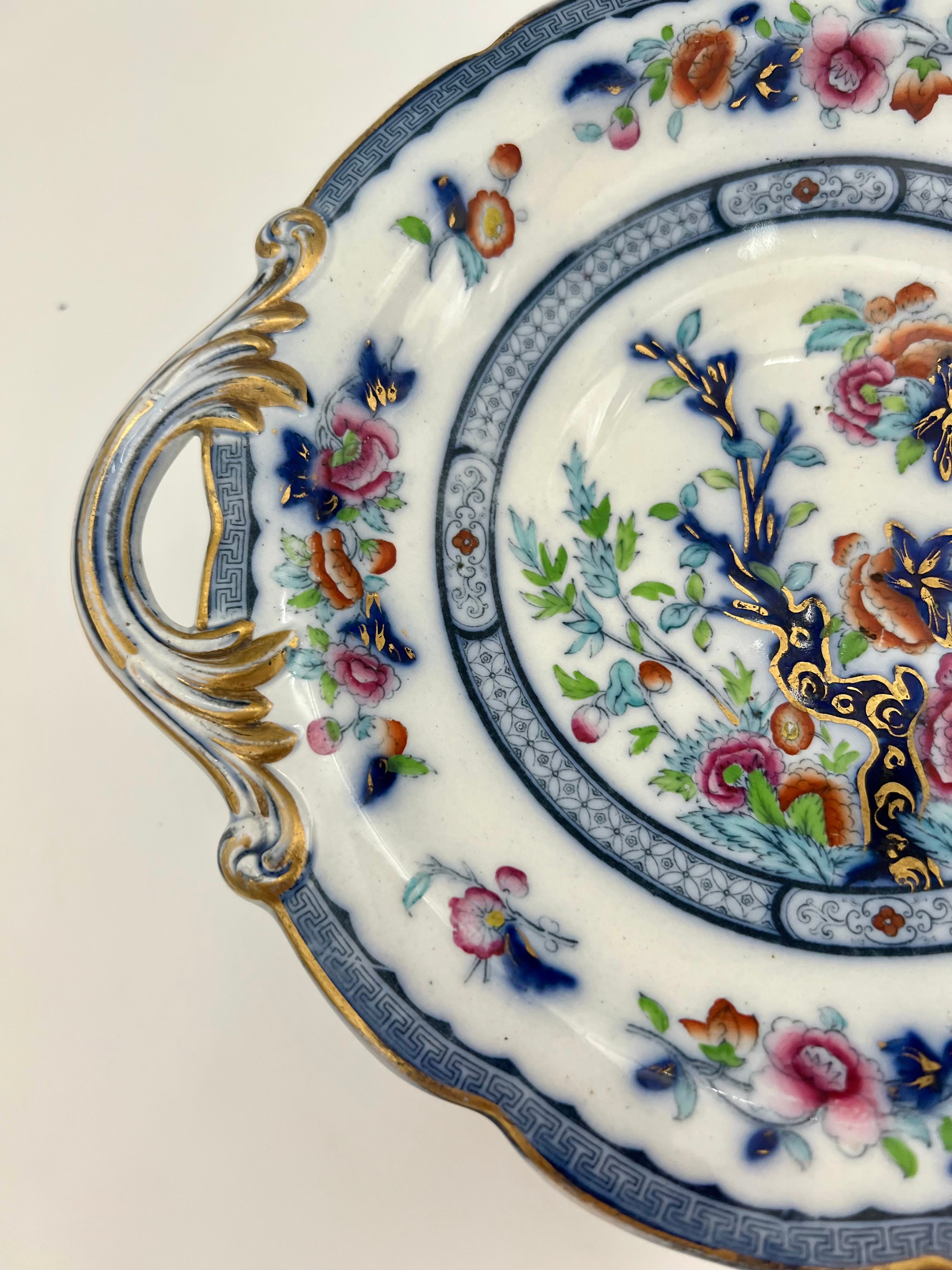 ANTIQUE HAND-PAINTED PORCELAIN COMPOTE BOWL WITH HANDLES | FLORAL CHINOISERIE PEDESTAL DISH | C. 1880–1910