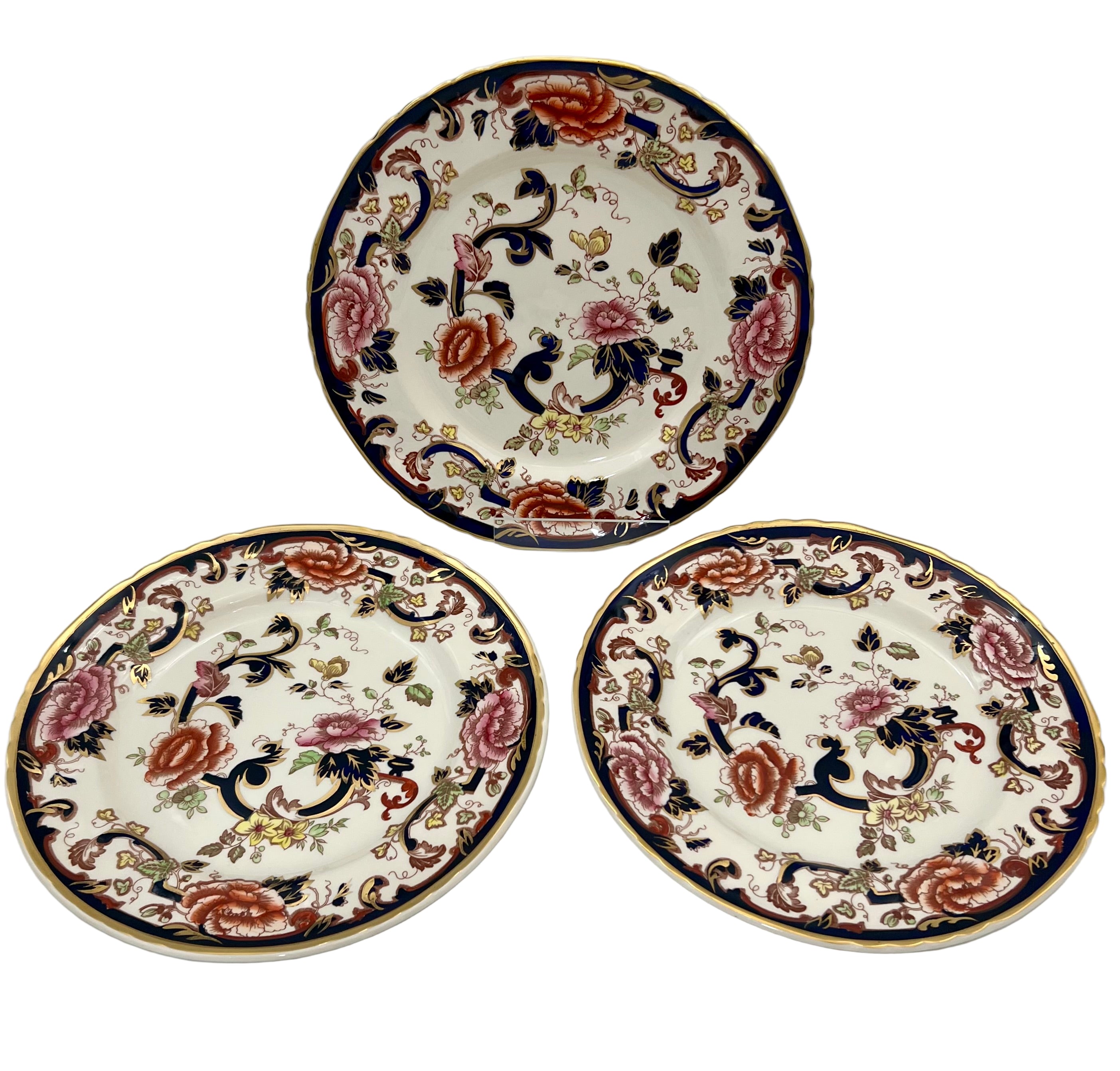 SET OF 3 MASON’S IRONSTONE MANDALAY DINNER PLATES 10.5″ | ENGLISH PRINTED & HAND PAINTED FLORAL GILT PLATES | SOLD INDIVIDUALLY OR SET