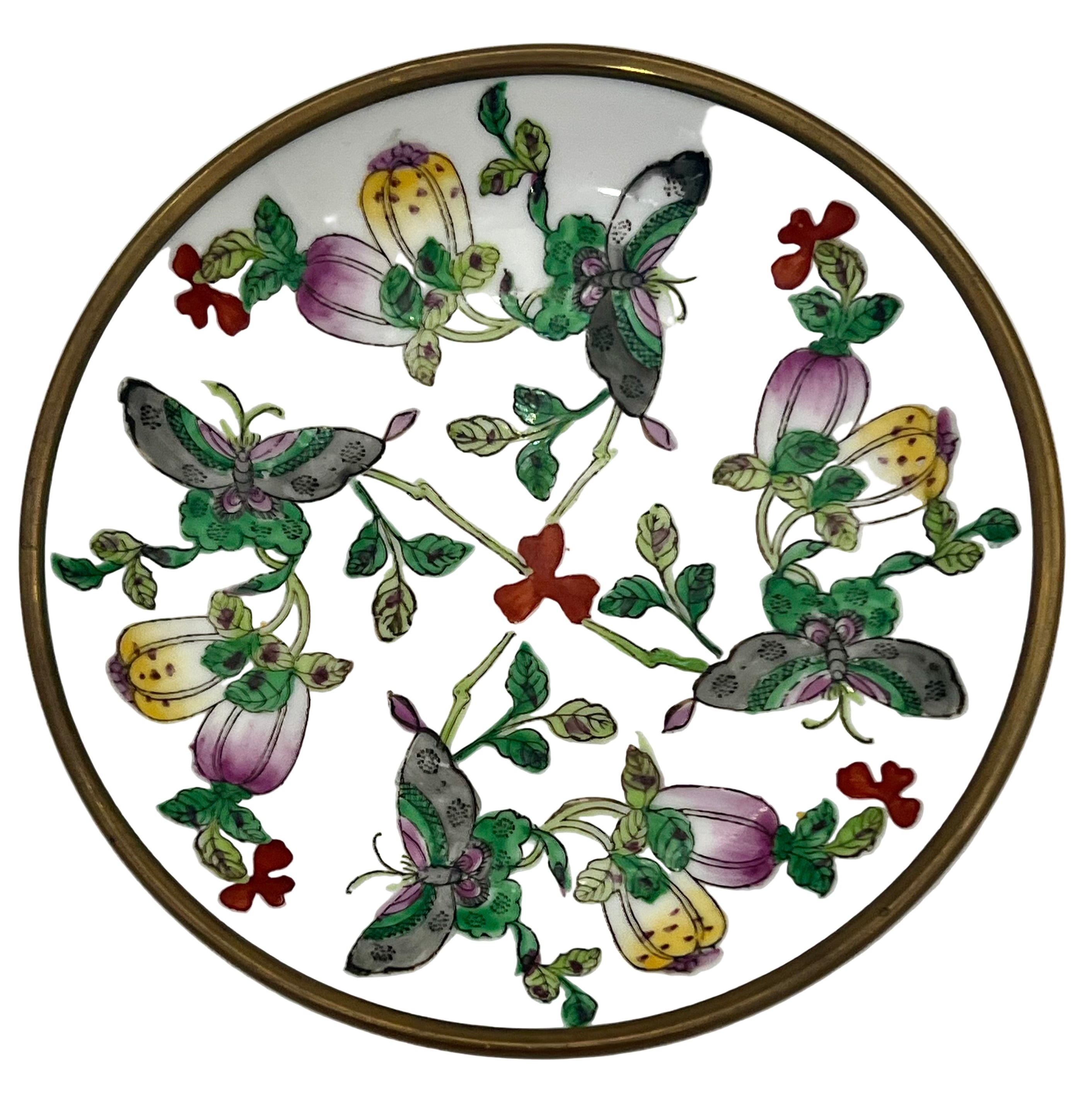VINTAGE CHINESE FAMILLE ROSE BUTTERFLY PLATE WITH BRASS GALLERY RIM – 7.5”