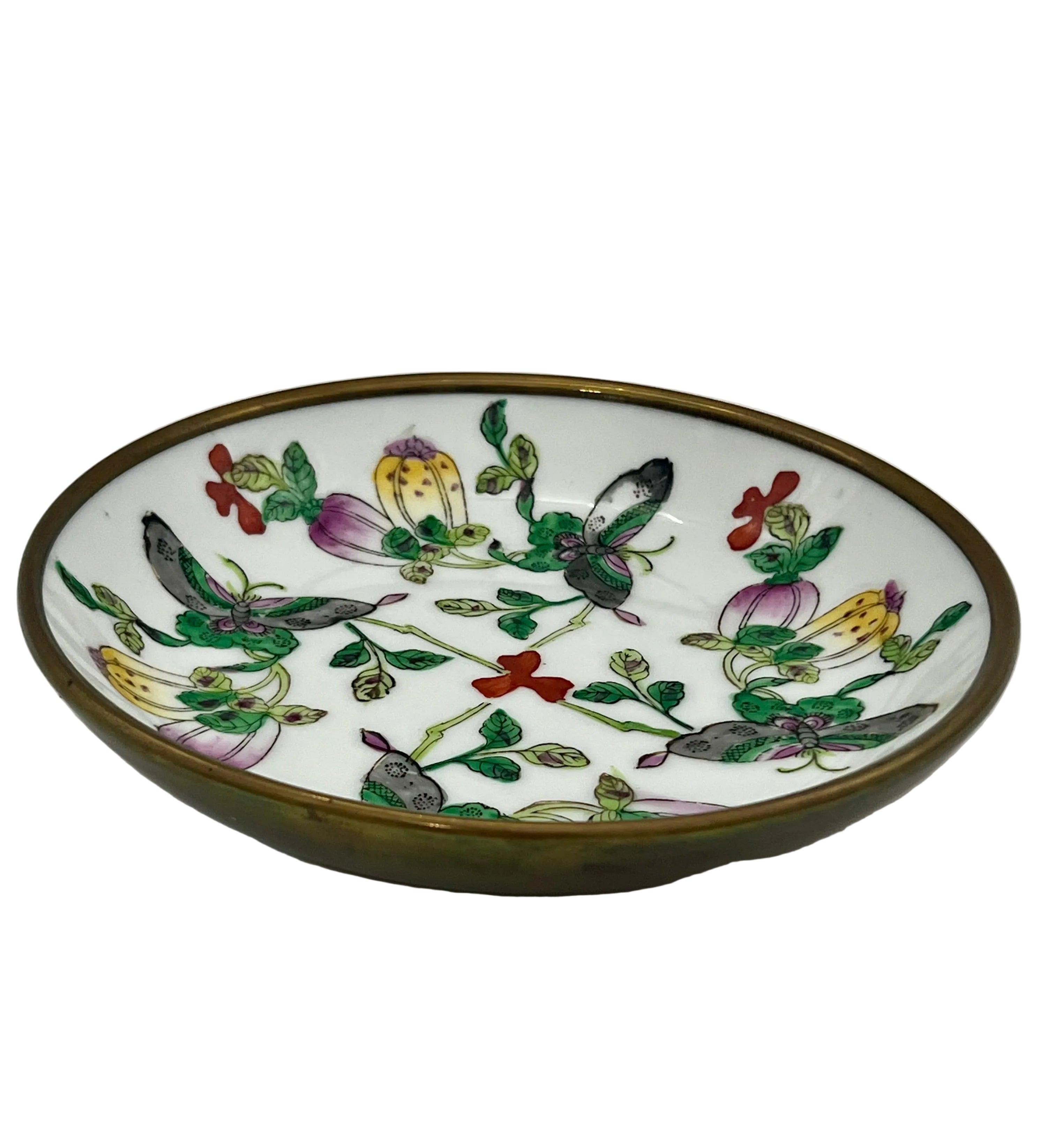 VINTAGE CHINESE FAMILLE ROSE BUTTERFLY PLATE WITH BRASS GALLERY RIM – 7.5”