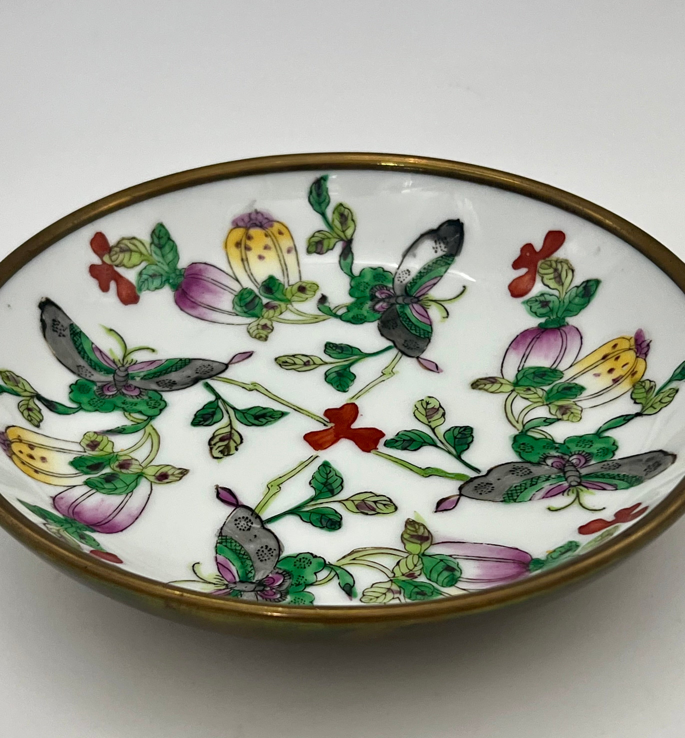 VINTAGE CHINESE FAMILLE ROSE BUTTERFLY PLATE WITH BRASS GALLERY RIM – 7.5”