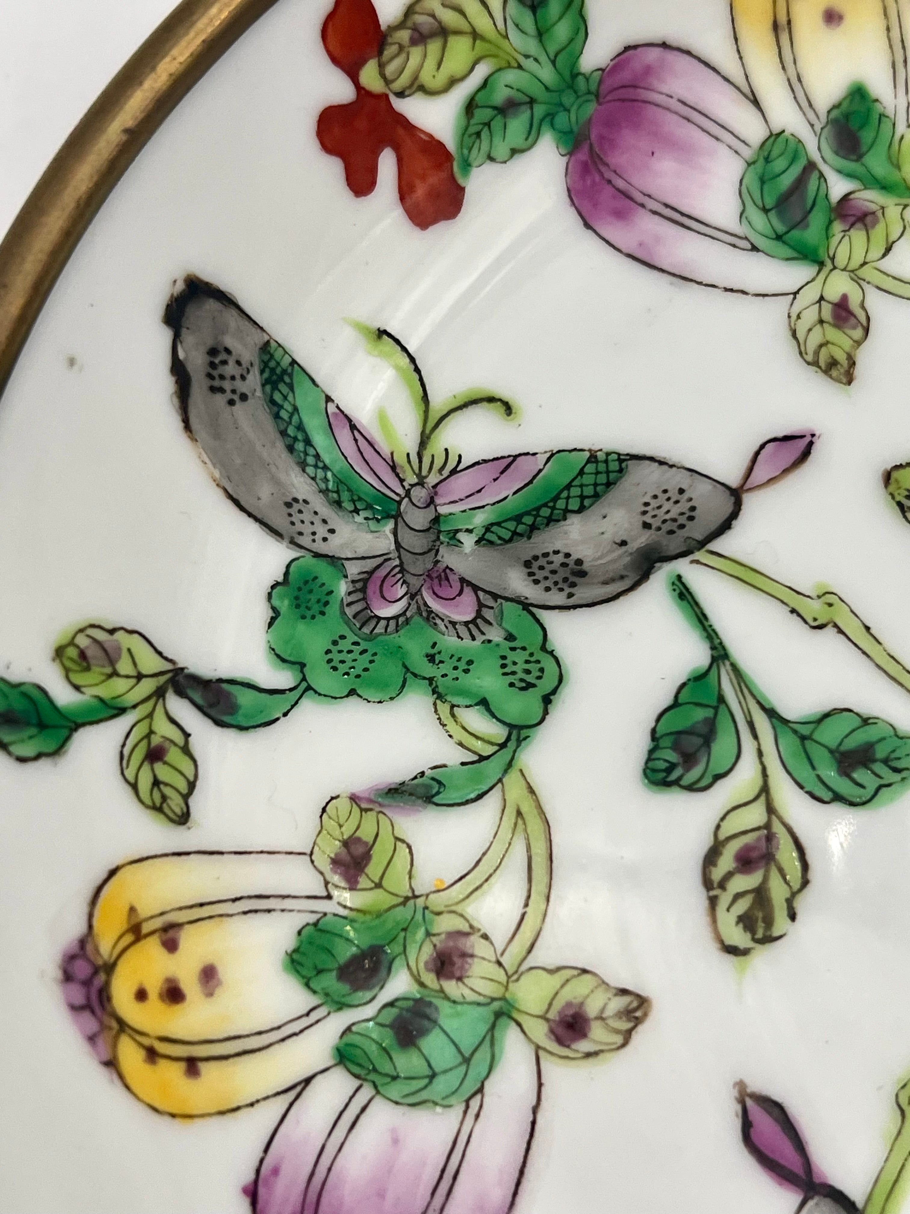 VINTAGE CHINESE FAMILLE ROSE BUTTERFLY PLATE WITH BRASS GALLERY RIM – 7.5”