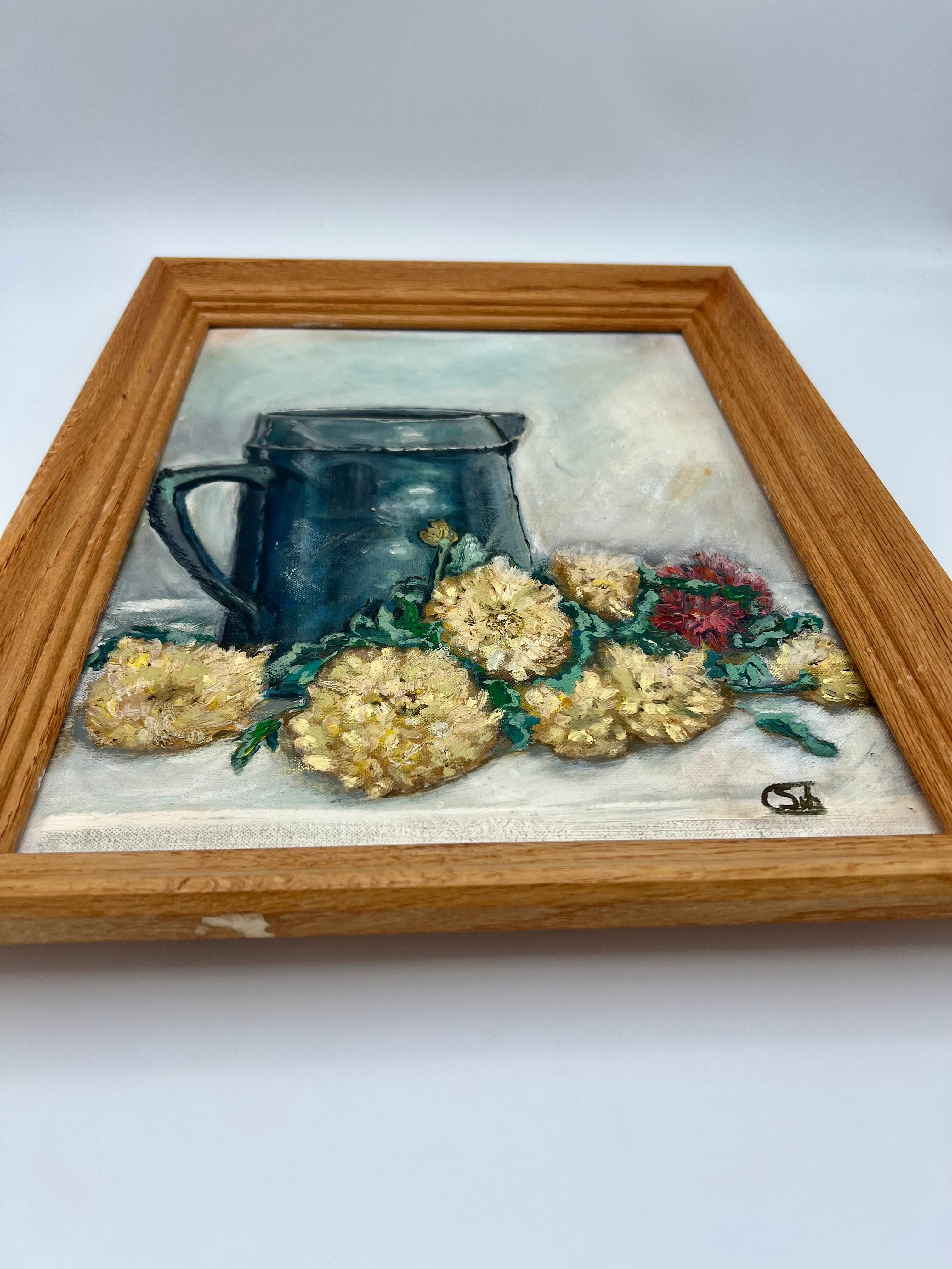 ORIGINAL 1965 STILL LIFE OIL PAINTING BY SYBIL COVINGTON | BLUE JUG & FLORALS | FRAMED MID CENTURY ART