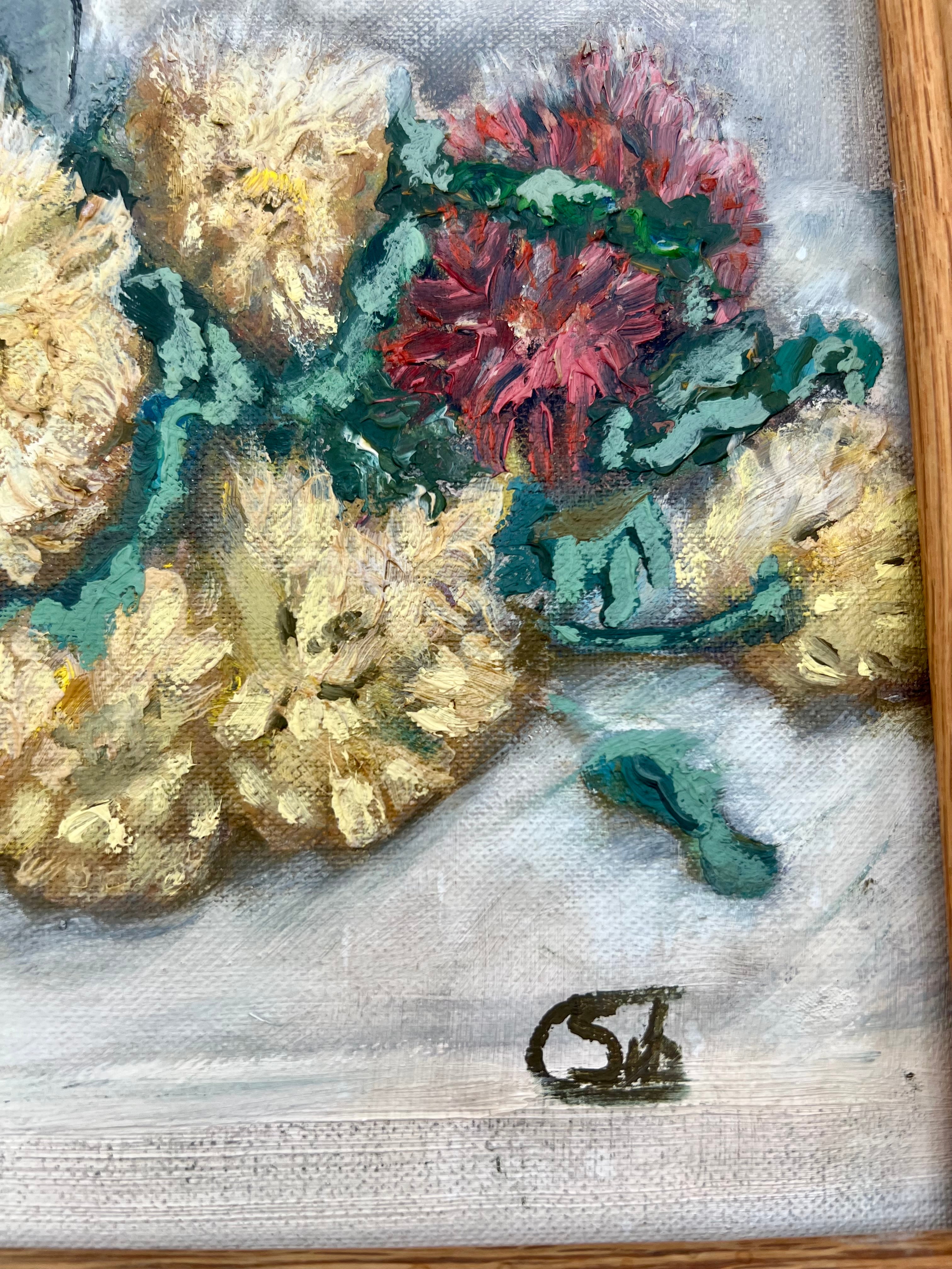 ORIGINAL 1965 STILL LIFE OIL PAINTING BY SYBIL COVINGTON | BLUE JUG & FLORALS | FRAMED MID CENTURY ART