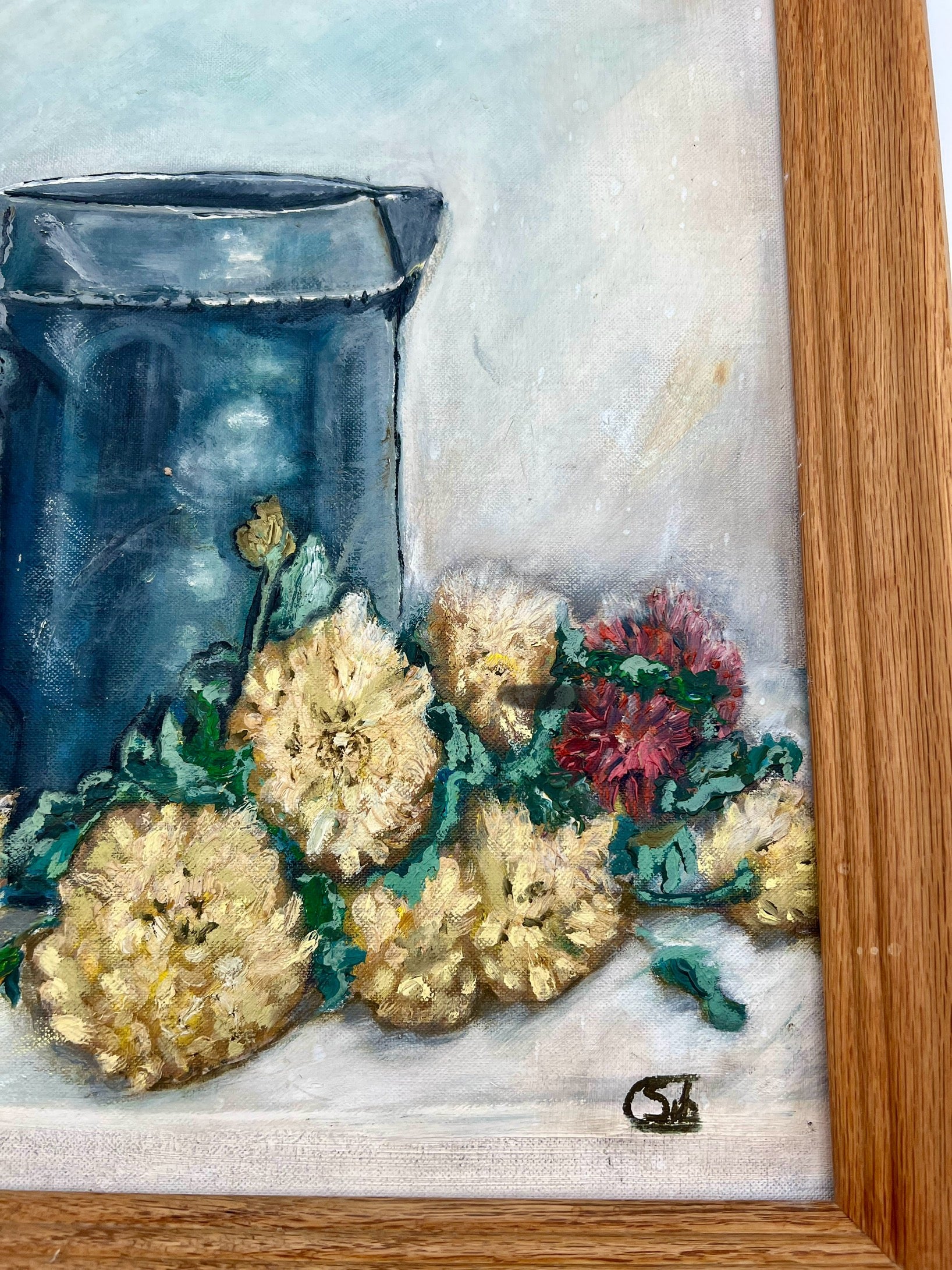 ORIGINAL 1965 STILL LIFE OIL PAINTING BY SYBIL COVINGTON | BLUE JUG & FLORALS | FRAMED MID CENTURY ART