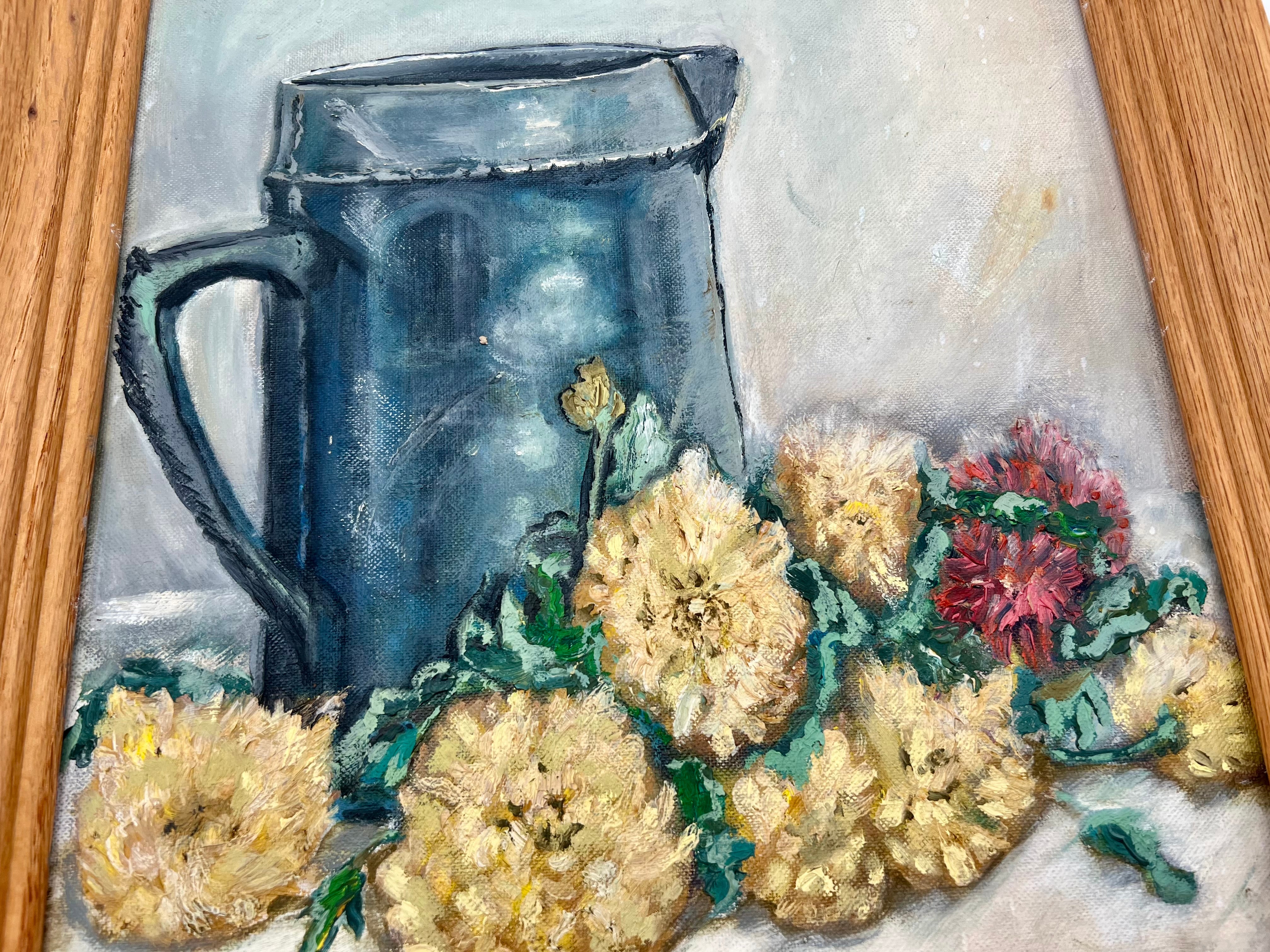 ORIGINAL 1965 STILL LIFE OIL PAINTING BY SYBIL COVINGTON | BLUE JUG & FLORALS | FRAMED MID CENTURY ART