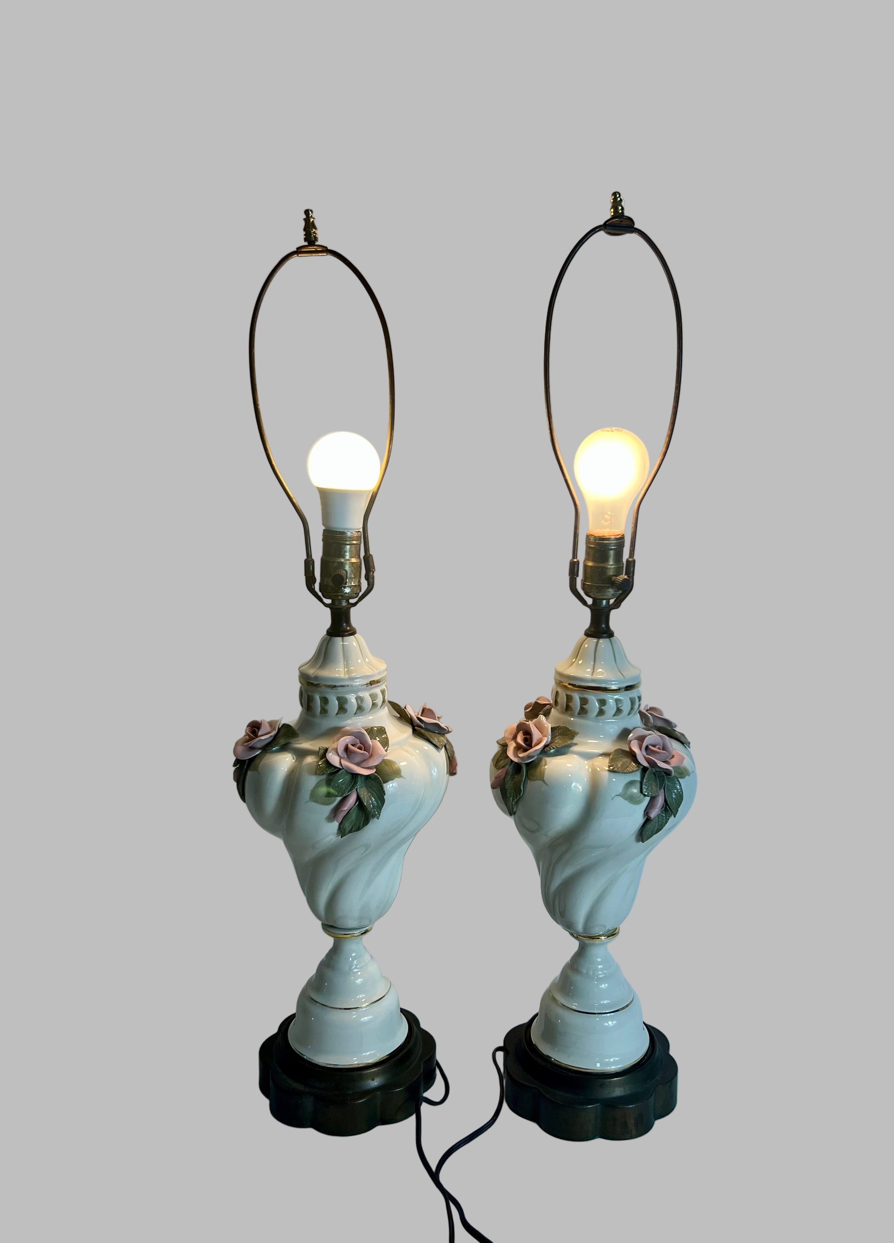 PAIR OF VINTAGE PORCELAIN FLORAL TABLE LAMPS – CAPODIMONTE STYLE WHIMSY