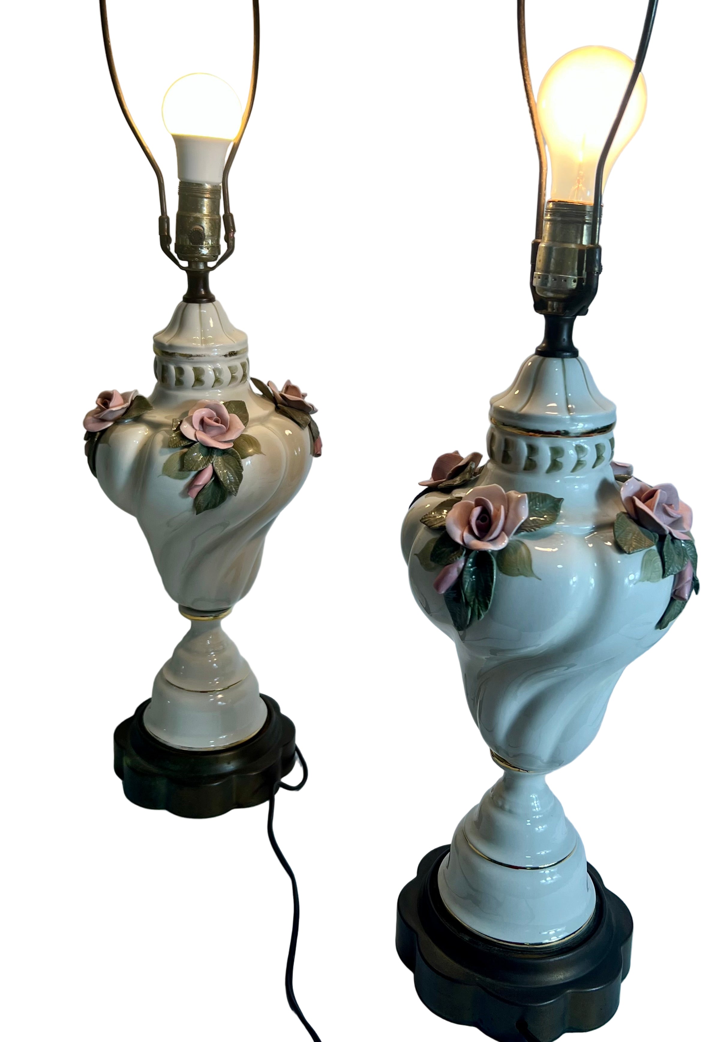 PAIR OF VINTAGE PORCELAIN FLORAL TABLE LAMPS – CAPODIMONTE STYLE WHIMSY