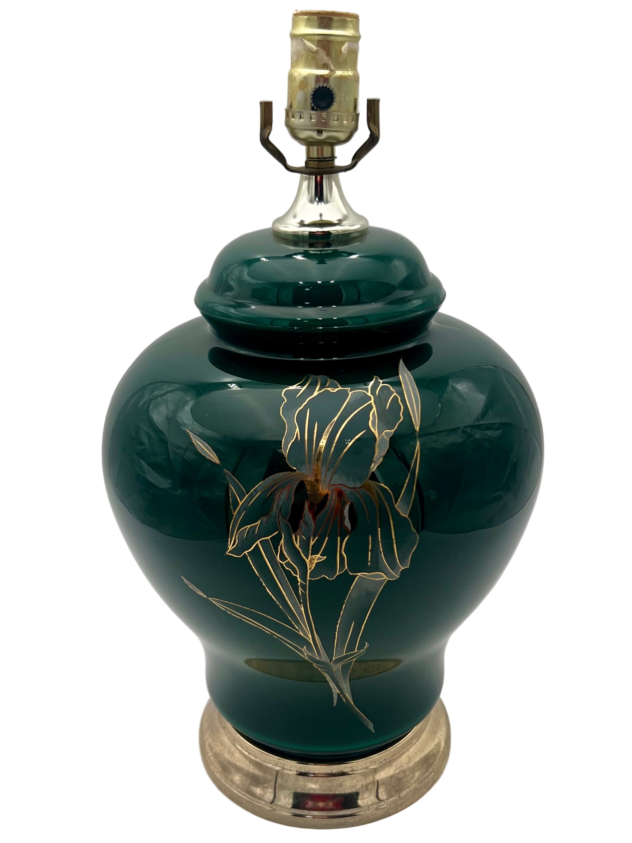 VINTAGE HOLLYWOOD REGENCY REVIVAL EMERALD GREEN ART GLASS LAMP WITH GILT IRIS – CIRCA 1970s–1980s – 17″