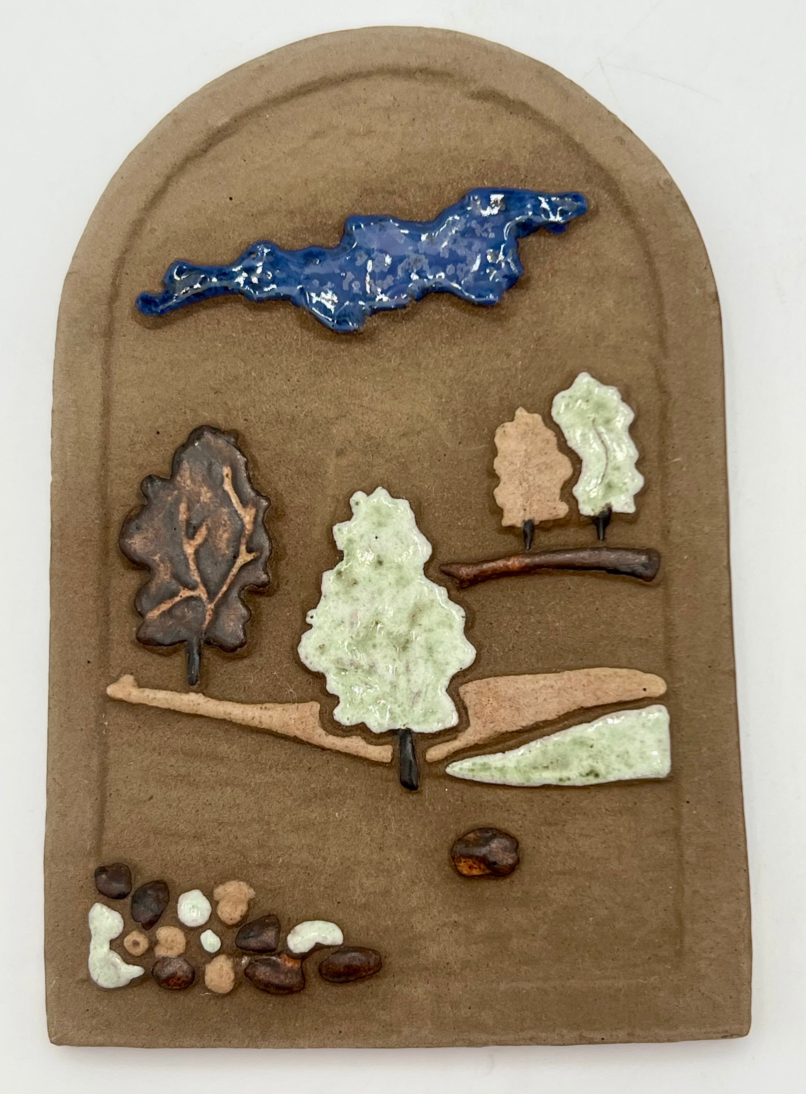 VINTAGE HANDMADE STONEWARE LANDSCAPE WALL PLAQUE | FOLK ART COUNTRYSIDE SCENE | STUDIO POTTERY DECOR