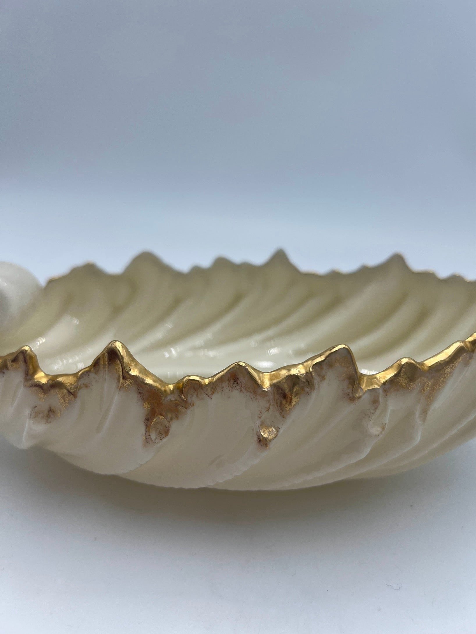 Vintage Lenox Porcelain Shell Dish with Gold Trim, Made in USA Nautilus Bowl, Hollywood Regency Ivory Catchall, 9 Inch