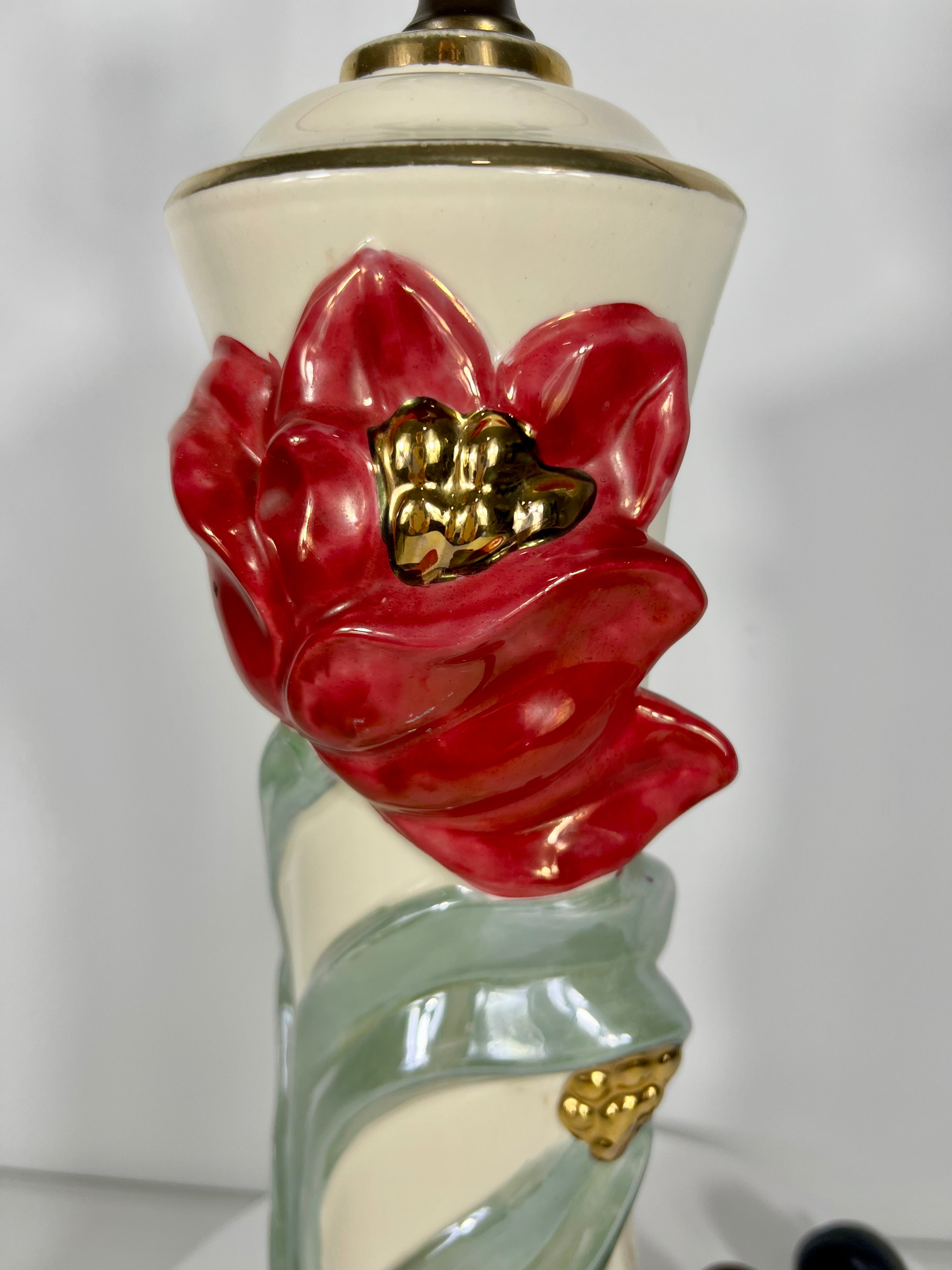 VINTAGE FLORAL CERAMIC LAMP – RED BLOOM WITH GOLDEN TOUCHES