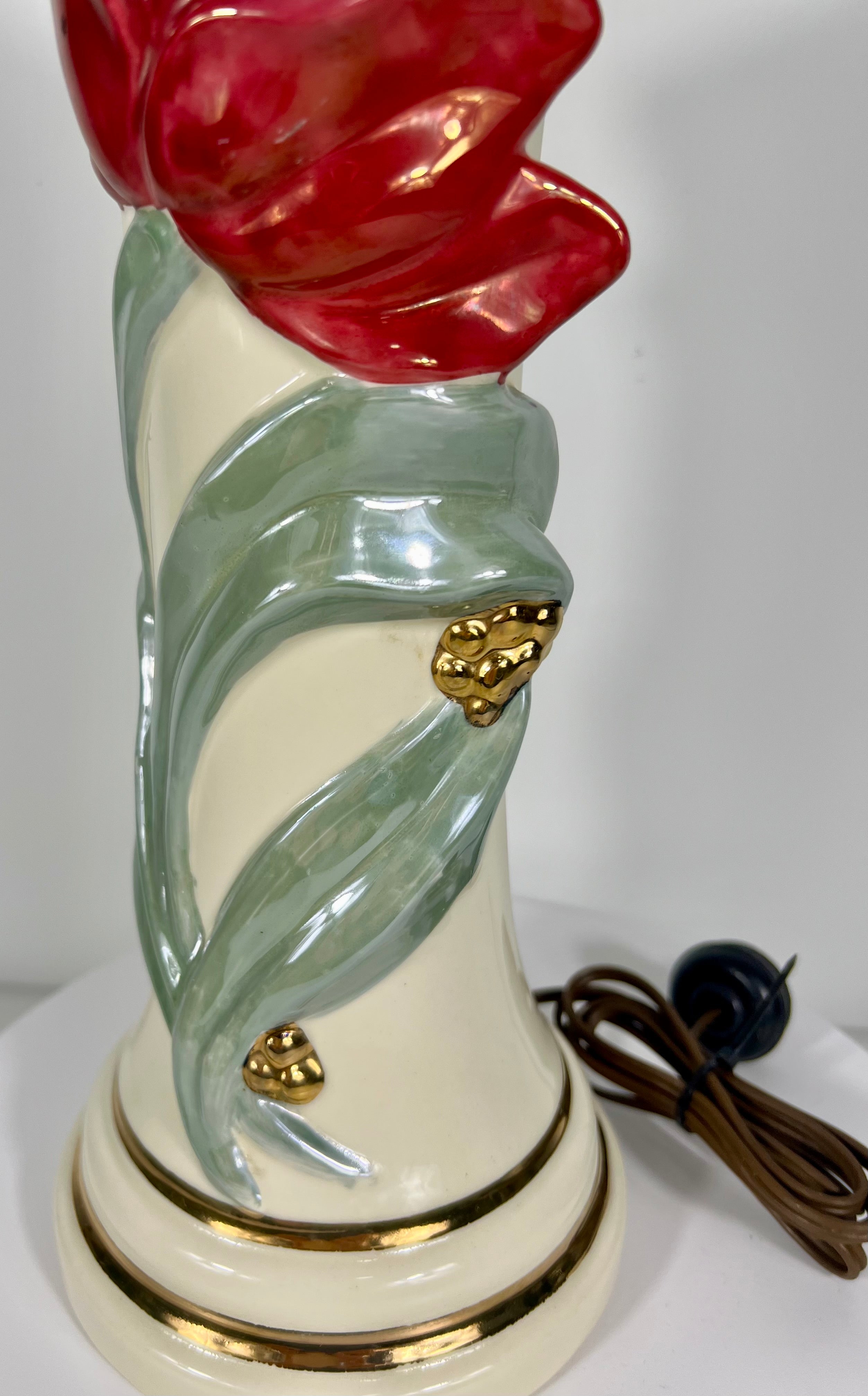 VINTAGE FLORAL CERAMIC LAMP – RED BLOOM WITH GOLDEN TOUCHES