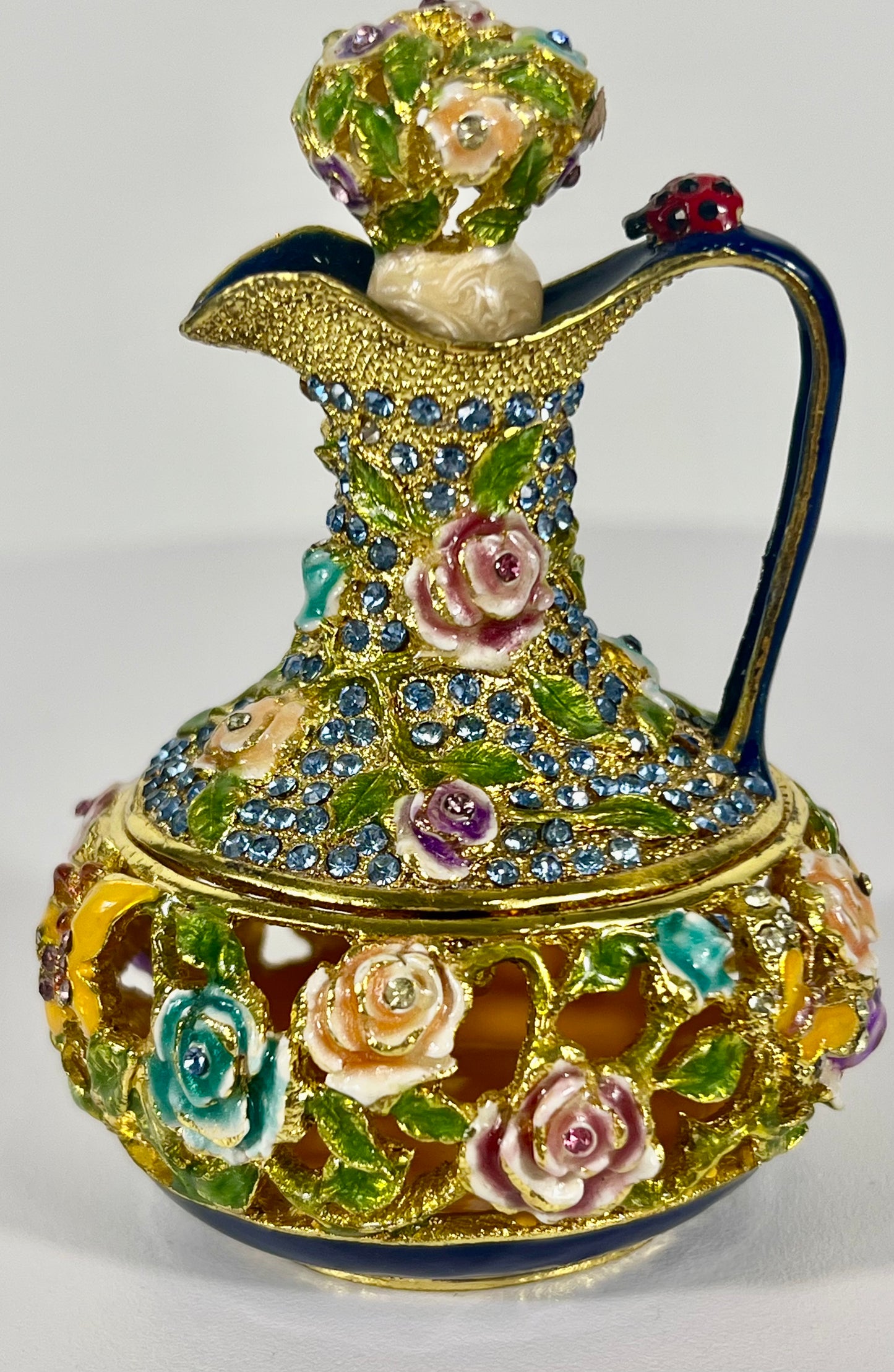 VINTAGE FURUDIA PITCHER SHAPED TRINKET/JEWELRY BOX WITH LADYBUG, BUTTERFLY, FLOWER CUT OUT AND CRYSTAL DETAILS