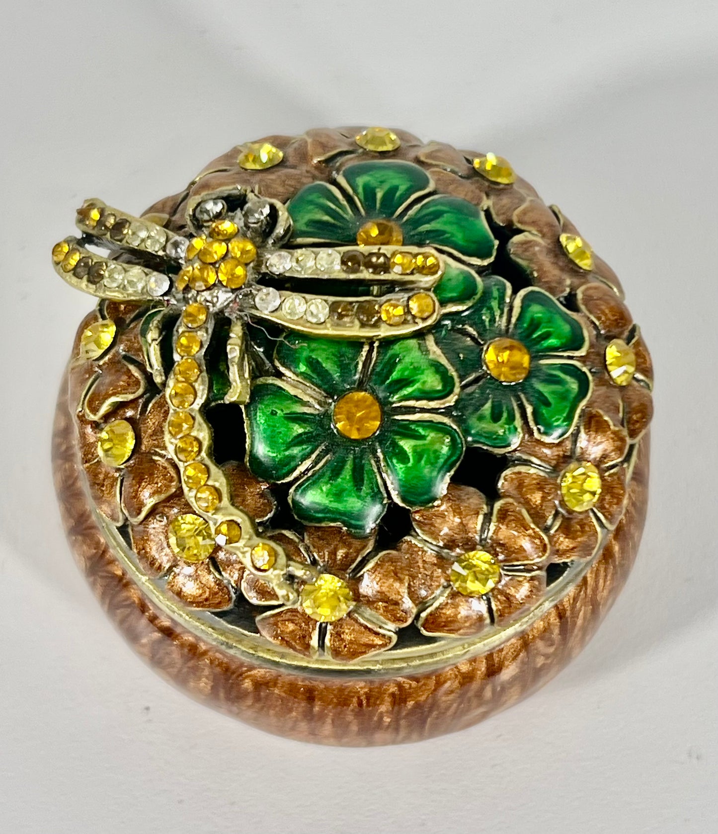 VINTAGE DRAGONFLY YELLOW CRYSTALS ROSE GOLD TRINKET/JEWELRY BOX