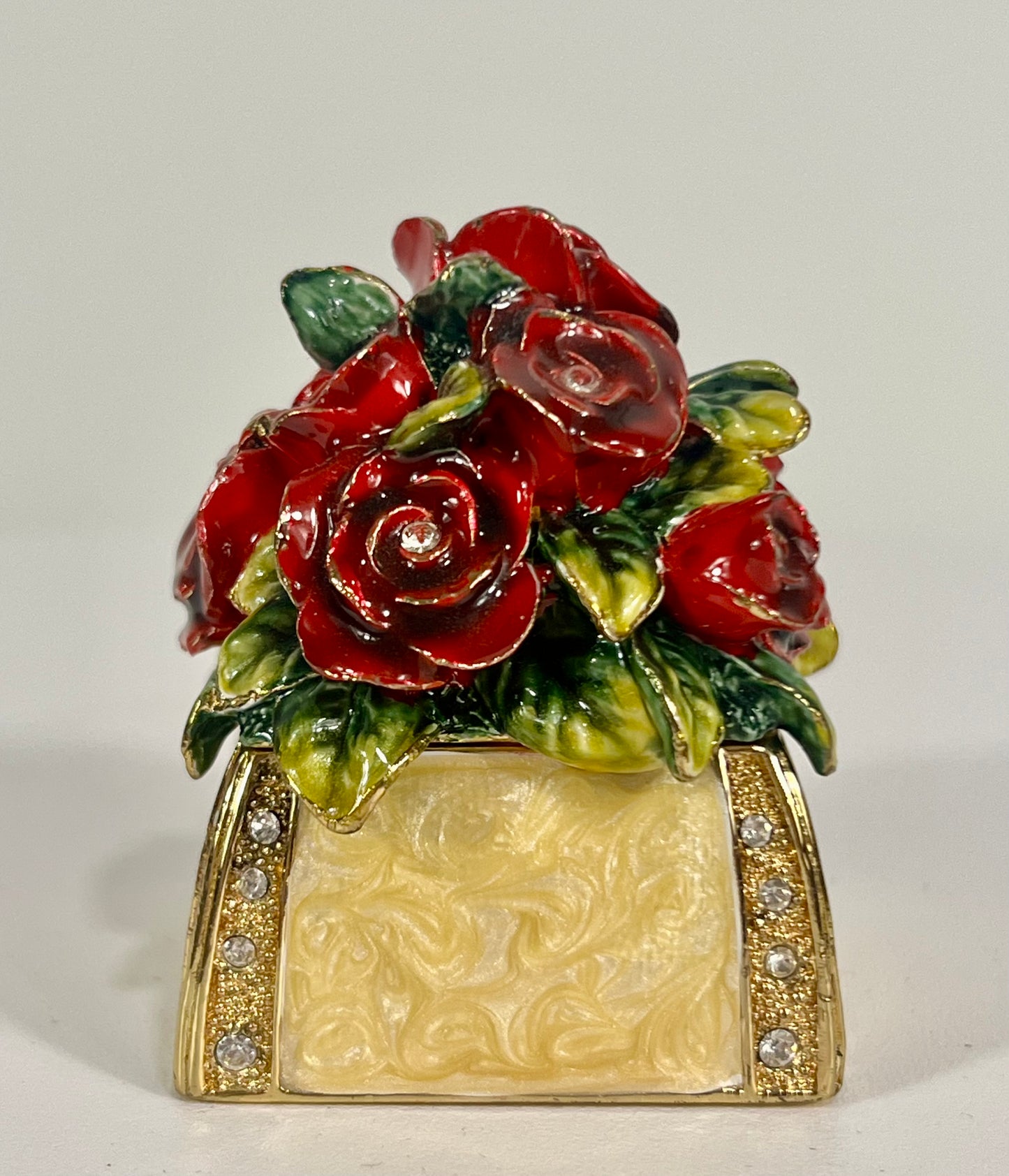 VINTAGE GOLD BOX WITH RED ROSES AND WHITE SWAROVSKI CRYSTALS TRINKET/JEWELRY BOX
