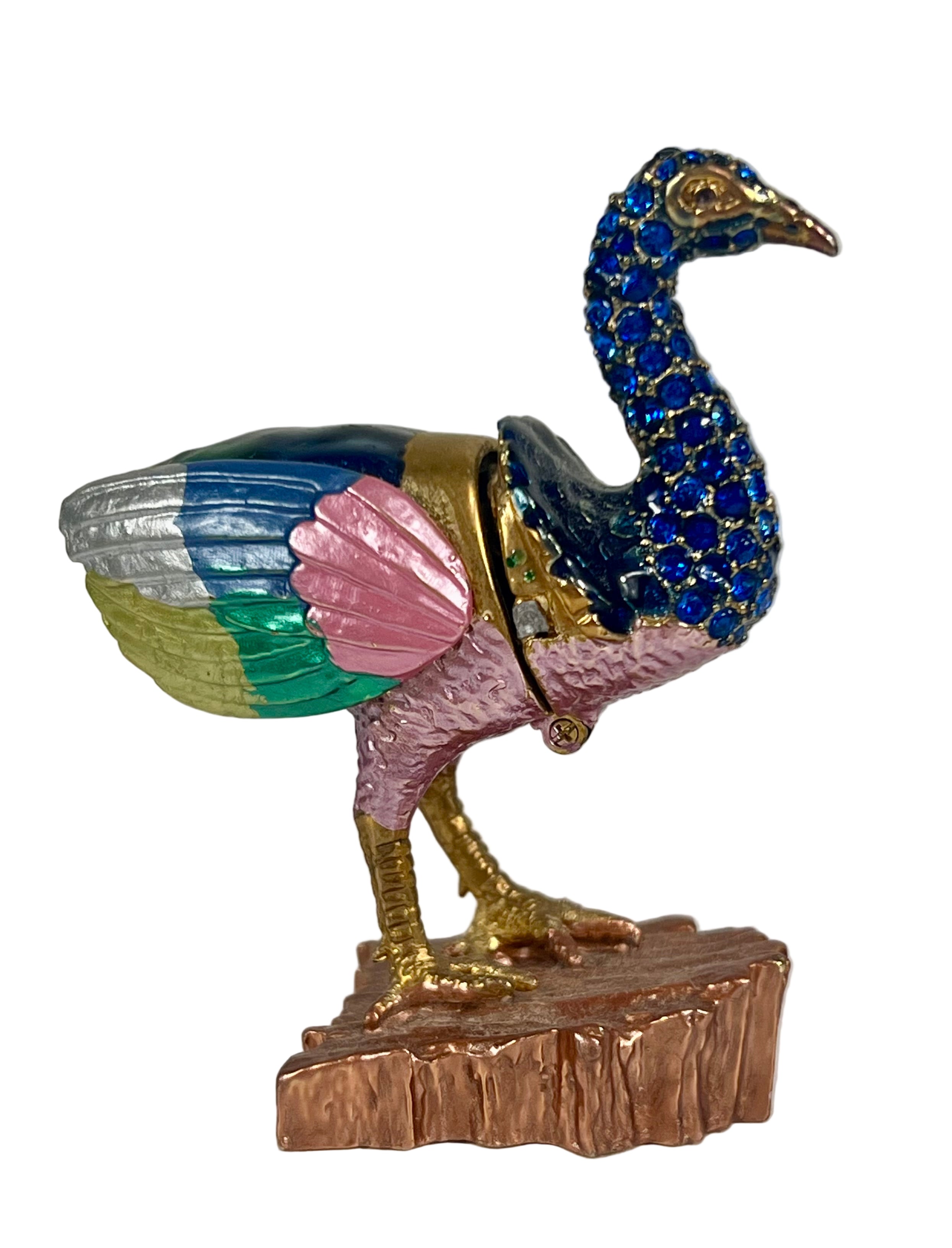VINTAGE JEWELED OSTRICH TRINKET BOX – ENAMELED METAL MINIATURE WITH RHINESTONES – CIRCA 1990S