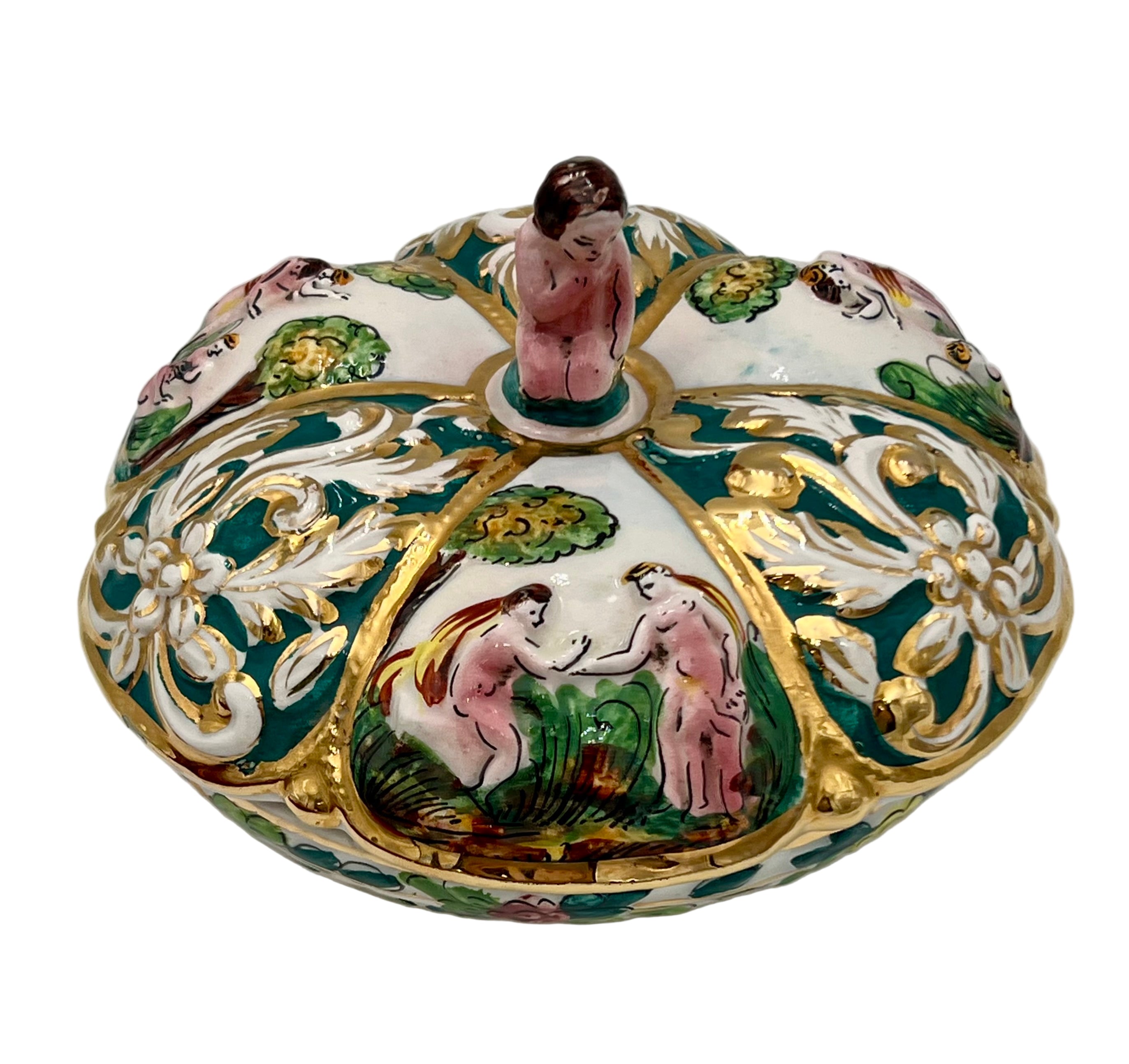 VINTAGE ITALIAN MAJOLICA COVERED DISH – HAND-PAINTED ADAM & EVE SCENES – GILDED BAROQUE DETAIL – DERUTA-STYLE CERAMIC BOX