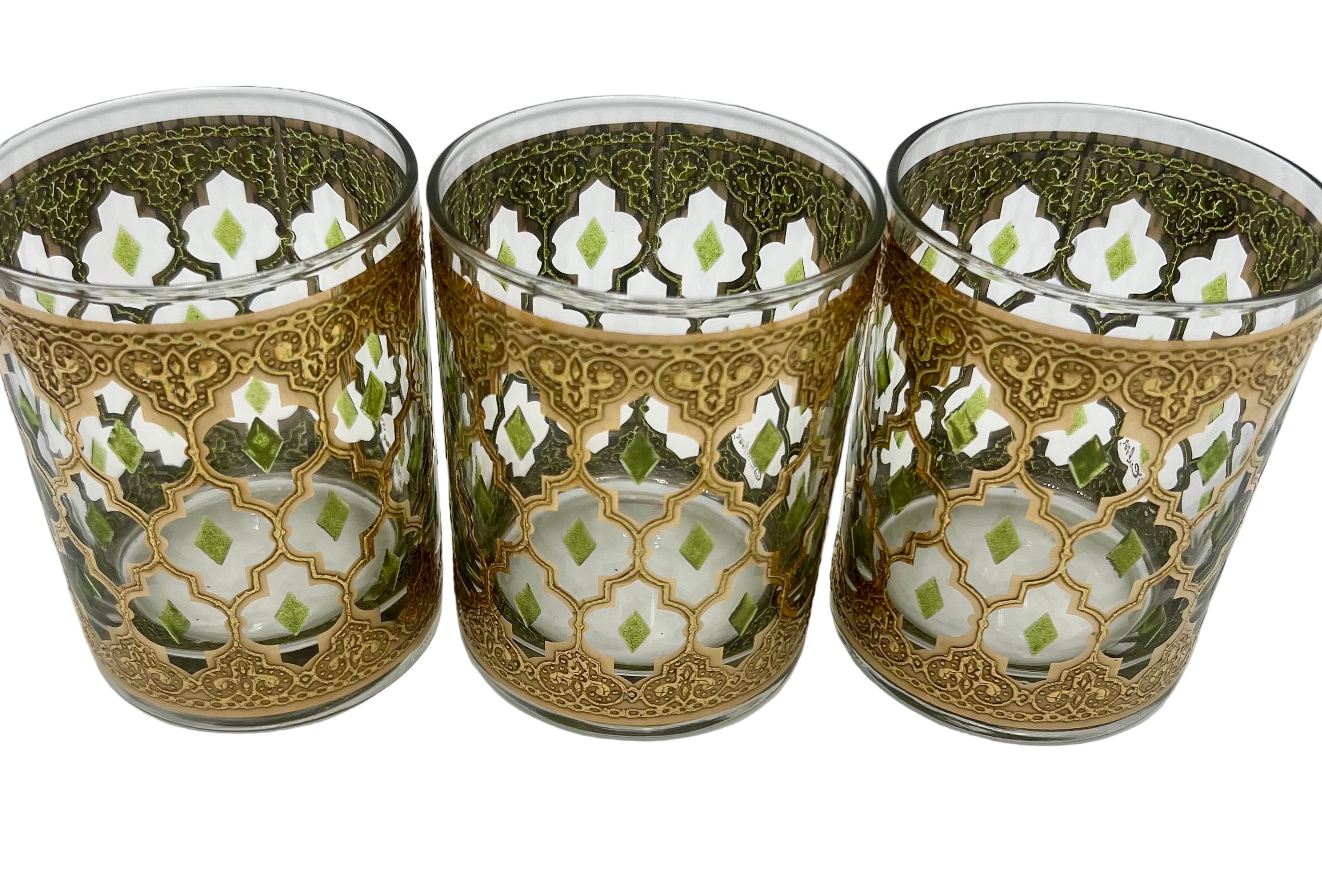 VINTAGE CULVER VALENCIA DOUBLE OLD FASHIONED GLASS – GOLD & GREEN MID-CENTURY BARWARE