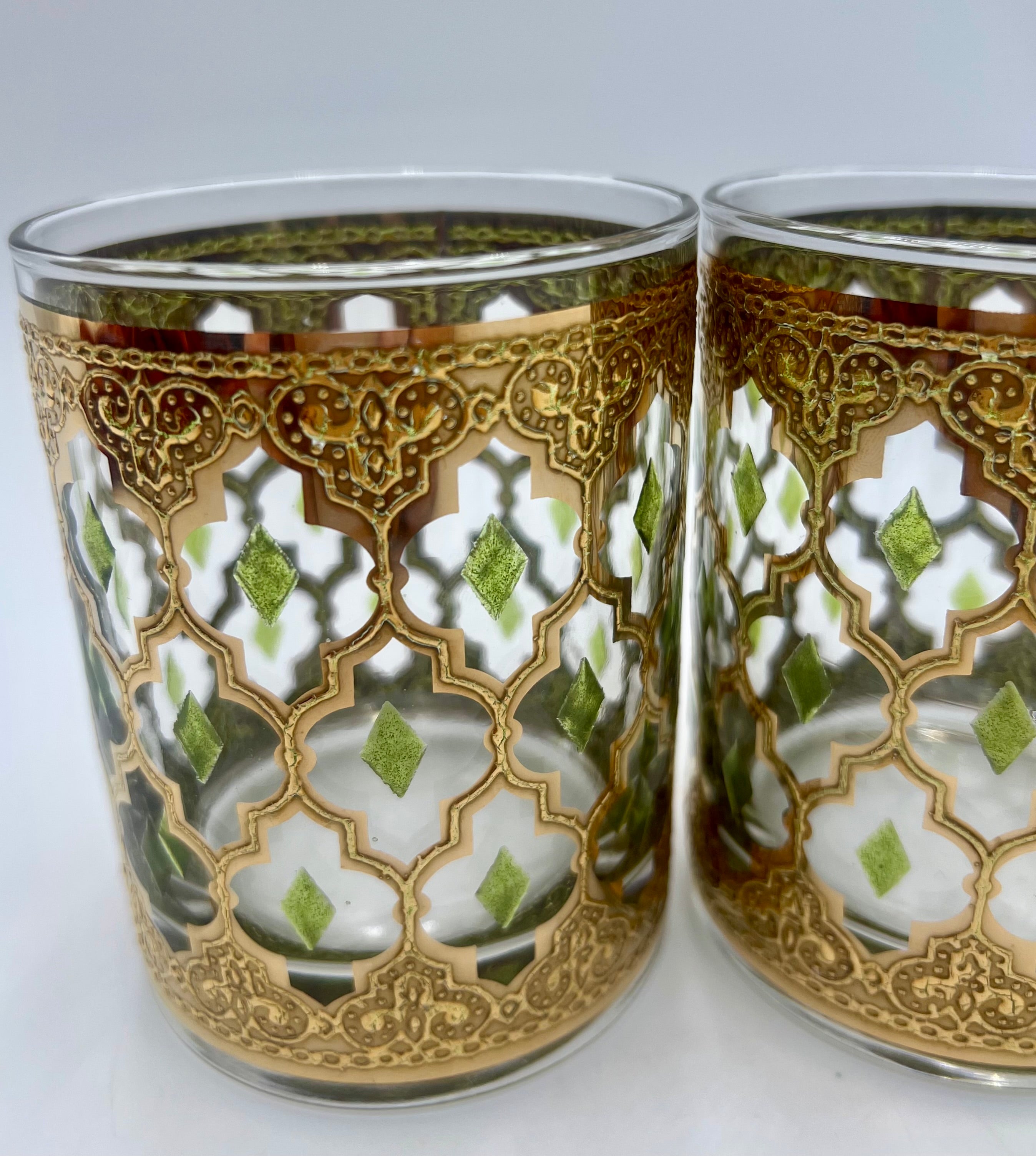 VINTAGE CULVER VALENCIA DOUBLE OLD FASHIONED GLASS – GOLD & GREEN MID-CENTURY BARWARE