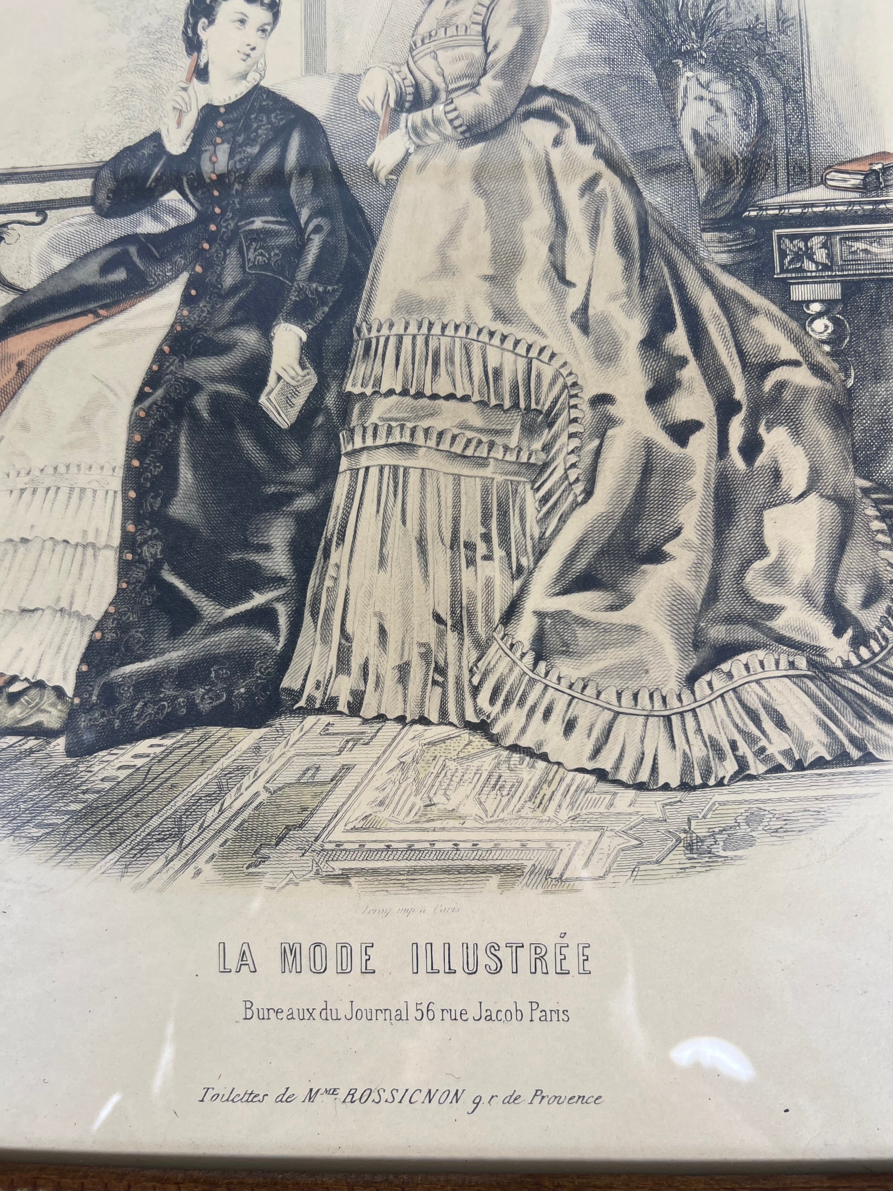 ANTIQUE SCALLOPED FRENCH FASHION LITHOGRAPHS LA MODE ILLUSTREE SET OF 2 FRAMED 19TH CENTURY PARIS PRINTS