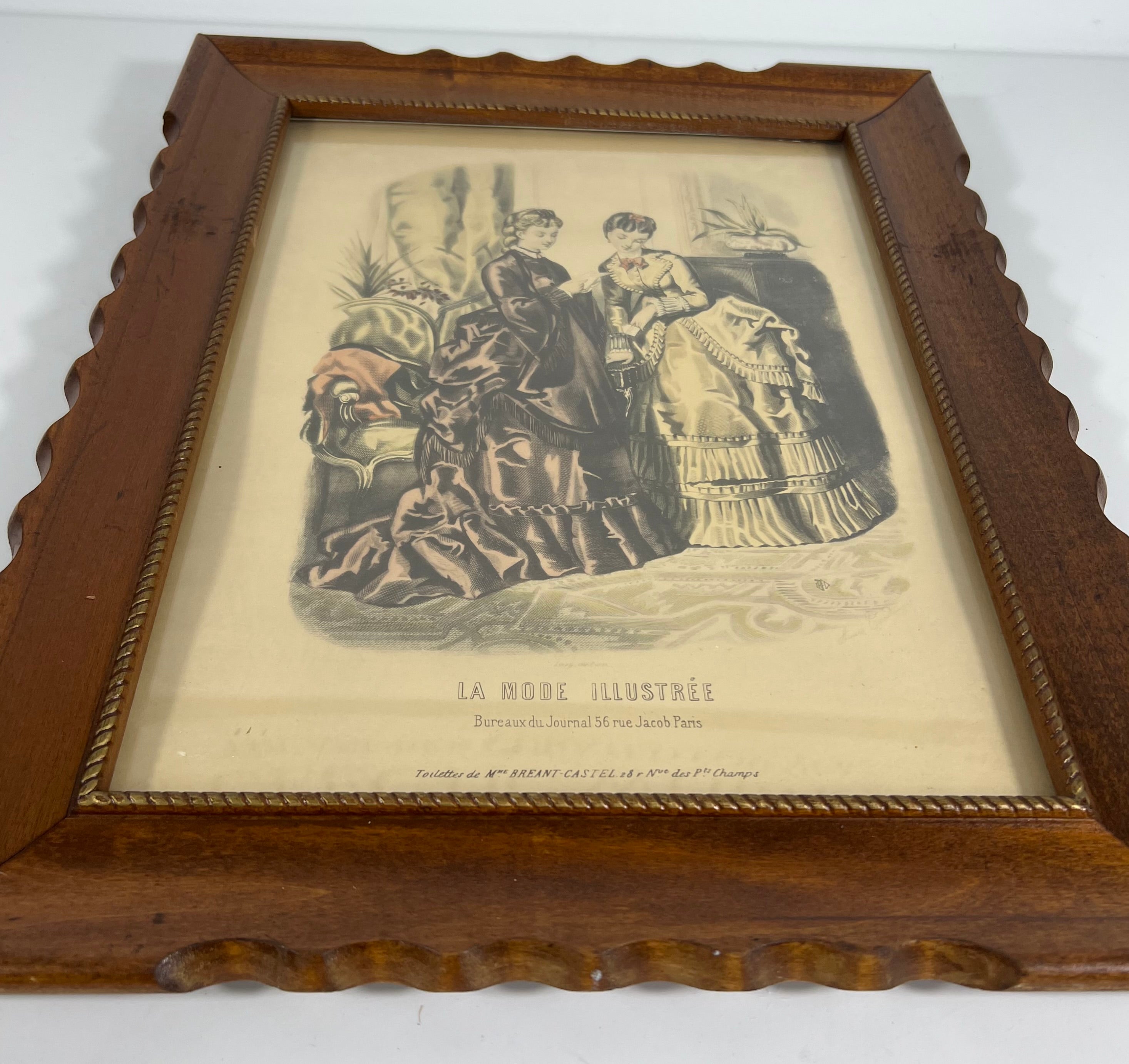 ANTIQUE SCALLOPED FRENCH FASHION LITHOGRAPHS LA MODE ILLUSTREE SET OF 2 FRAMED 19TH CENTURY PARIS PRINTS