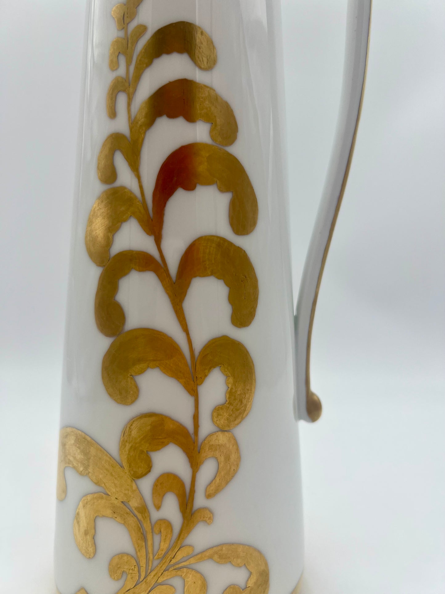 VINTAGE GERMAN WHITE AND GOLD PORCELAIN HAND PAINTED PITCHER/VASE