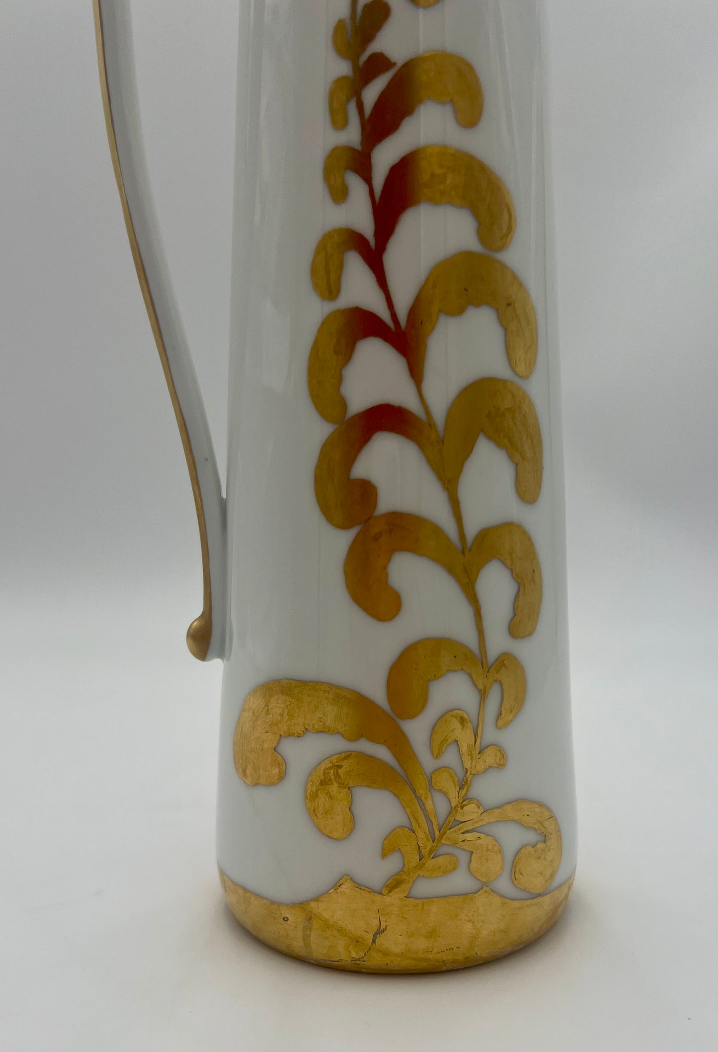 VINTAGE GERMAN WHITE AND GOLD PORCELAIN HAND PAINTED PITCHER/VASE