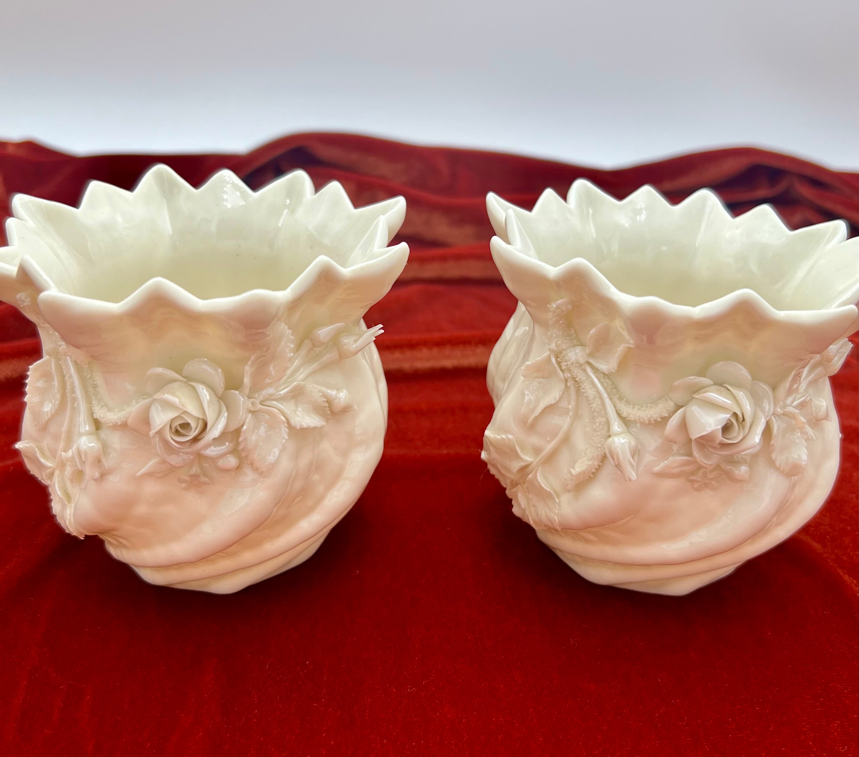 PAIR OF BELLEEK IRELAND PORCELAIN SHELL ROSE PLANTERS – 3RD BLACK MARK 1926–1946 – VINTAGE IRISH PARIAN PORCELAIN – MINT CONDITION